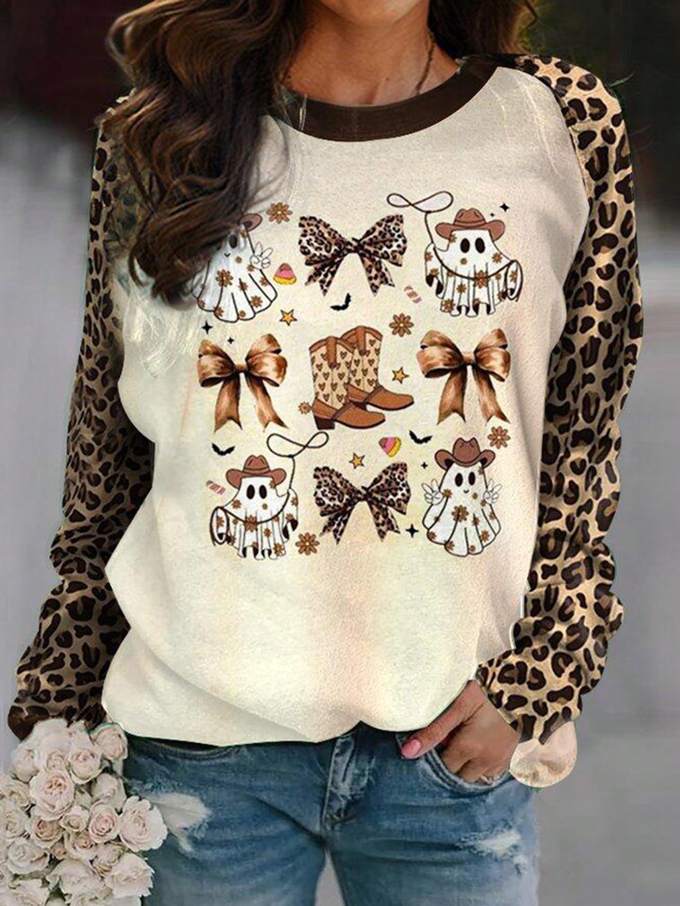 EMERY ROSE Women's Crew Neck Halloween Printing Vintage Spring/Fall Long Sleeve Sweatshirt