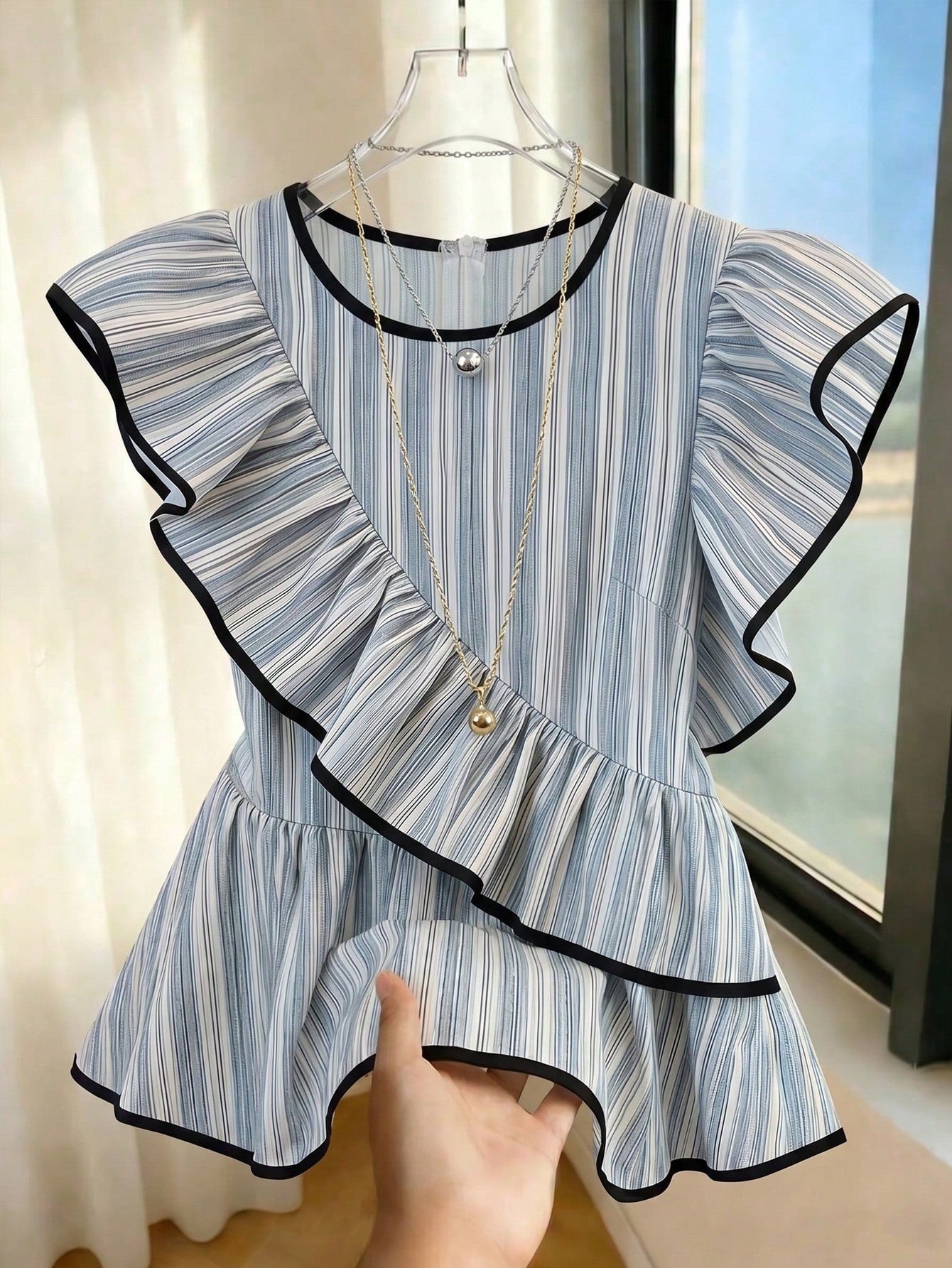 EMERY ROSE Women's Elegant Summer Round Neck Blue And White Stripe Shirt,Everyday Asymmetric Ruffle Hem Waist Cinching Short Sleeve Blouse For Outing And Date