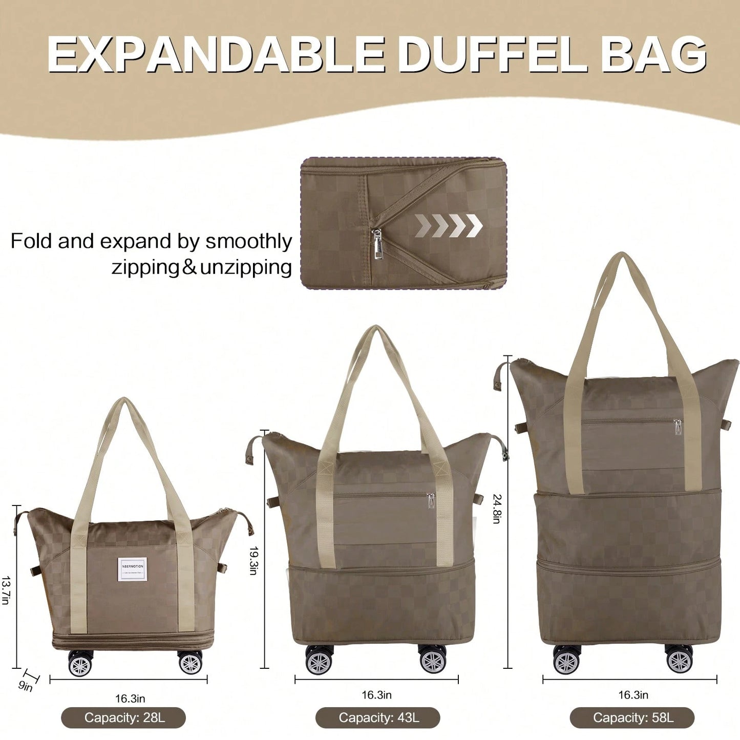 Expandable Rolling Duffle Bag- Large Carry-On With Spinner Wheels, Foldable Weekend Travel Bag, 28-58L Capacity