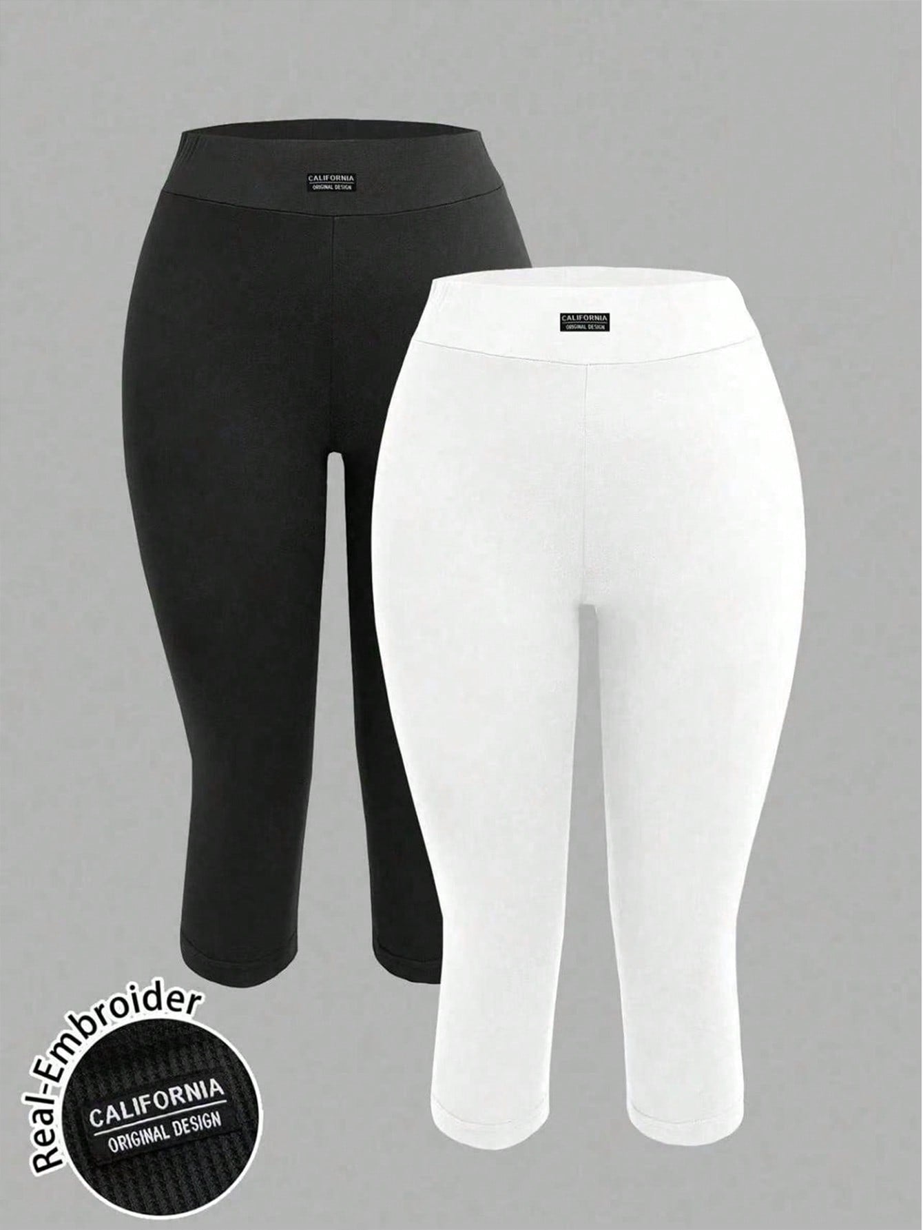 EZwear 2pcs Women's Black & Grey 3/4 Length Letter Embroidered Skinny Casual Leggings, Suitable For Summer, Sports, Yoga, Outdoor & Indoor Wear, Chic