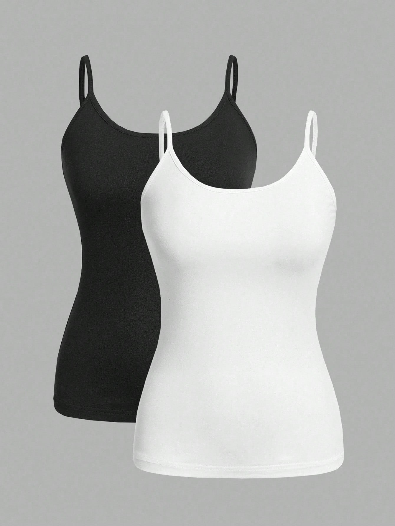 EZwear Plus Size Women's Black & White 2pcs/Set Tight Casual Cami Tops, Suitable For Summer Back To School