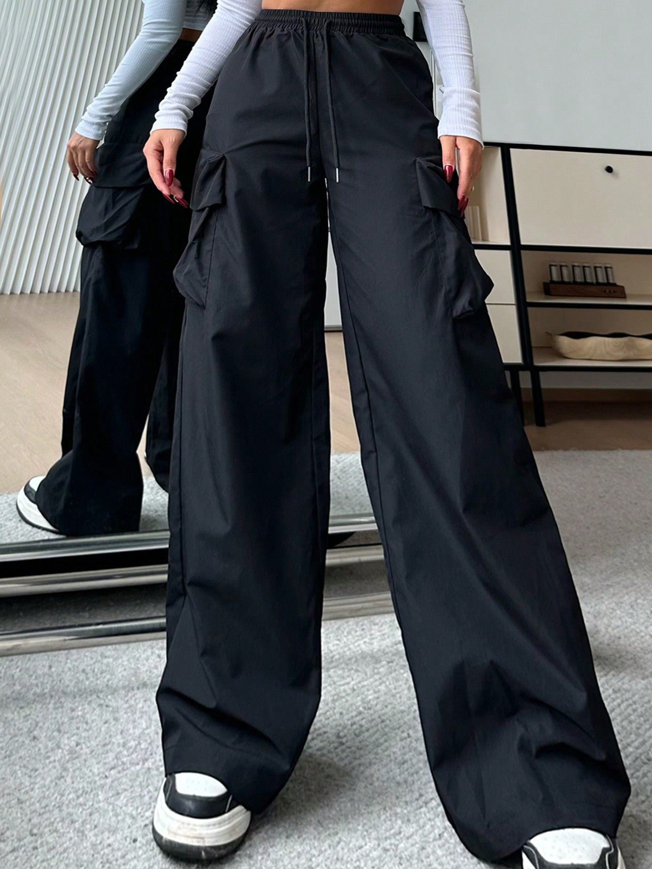 EZwear Women Casual Solid-Color Black Woven High-Waisted Wide-Leg Cargo Pants