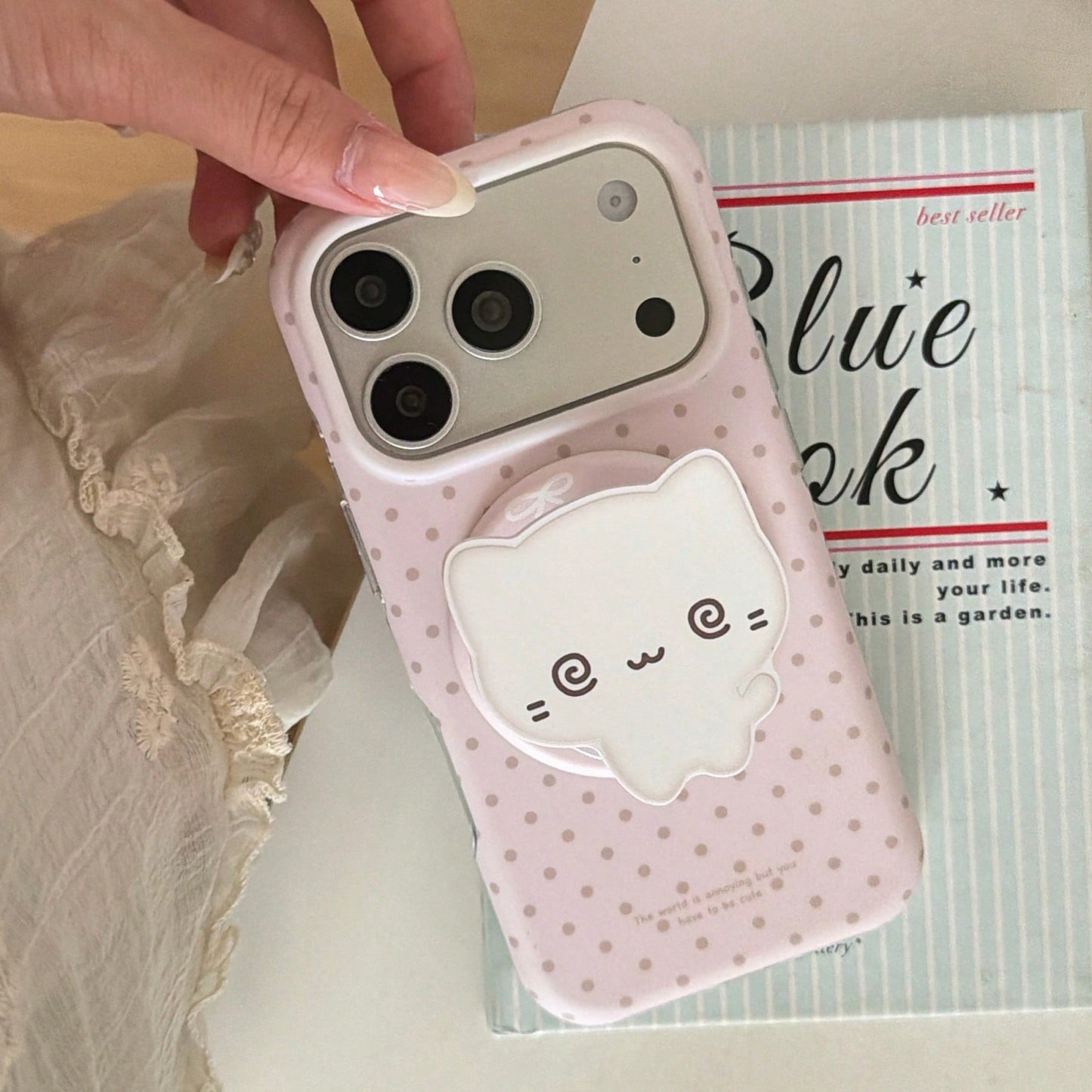 Fashionable Creative Magnetic Polka Dot + Kitten Stand Phone Case Suitable For IPhone 17 Pro Max, 16 Pro Max, Cute For Girls, Stylish For IPhone 15 Pro, 14, 13