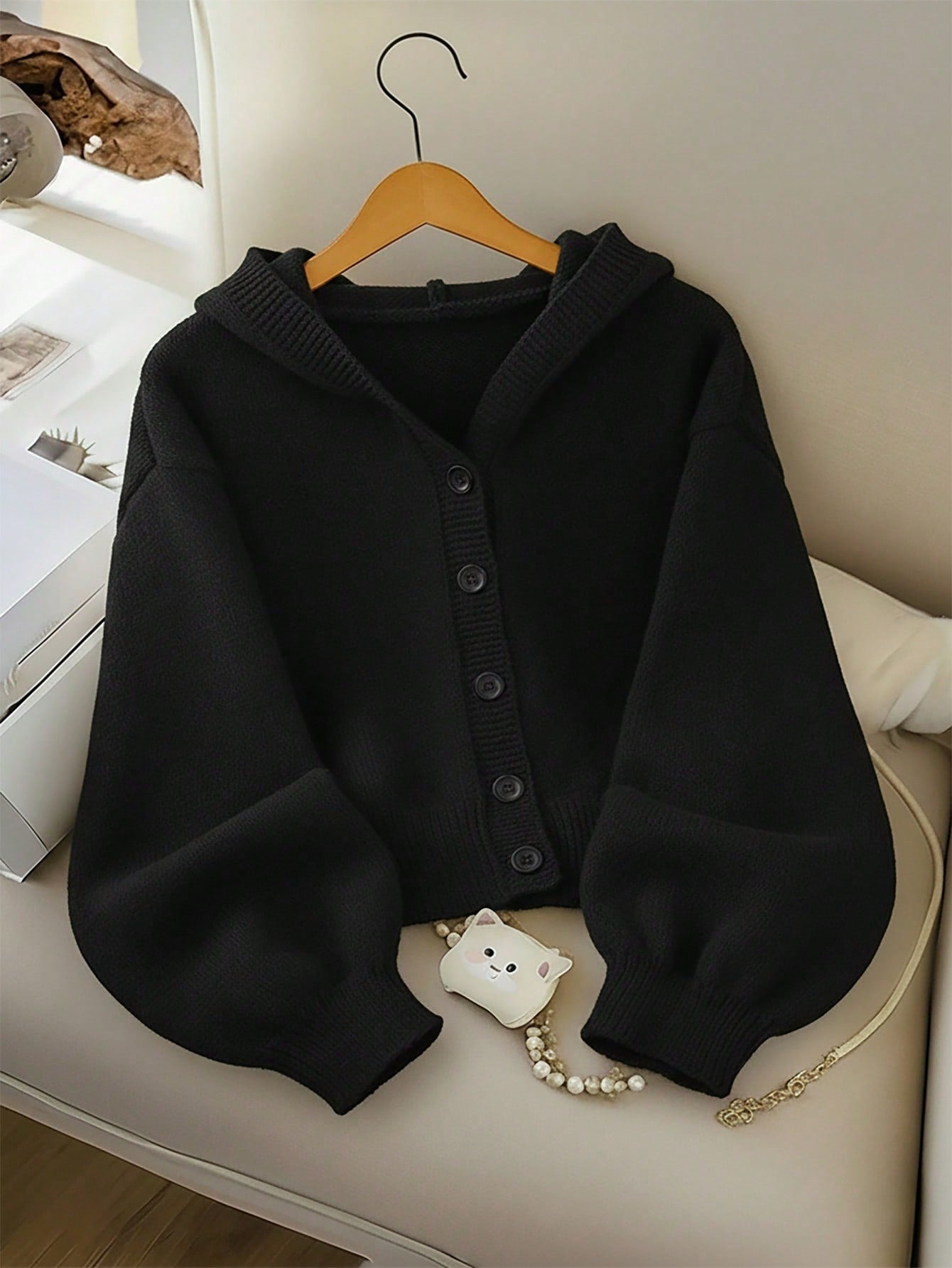 Fashionable Plain Black Hooded Knit Cardigan, Autumn Casual Sunday Back-To-School Button-Up Hoodie, Short Cropped Sweater Jacket For Tween Girl