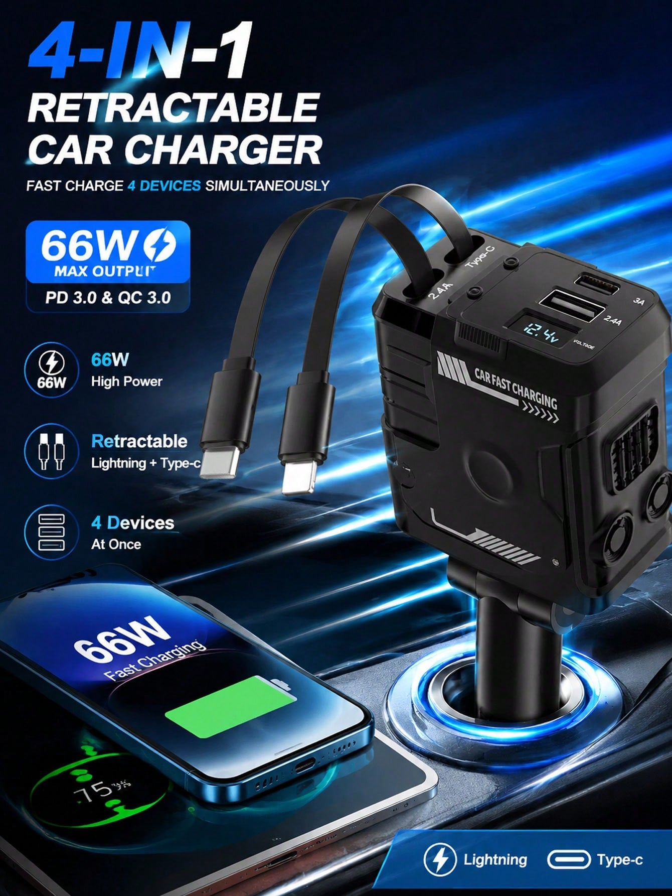 Fast Charging Retractable Car Charger, 66W 4-In-1 Car Phone Charger, Dual Retractable Cables, USB & Type-C Charging Adapter, Compatible With IPhone And Android, Essential Car Accessory, Gift For Men A
