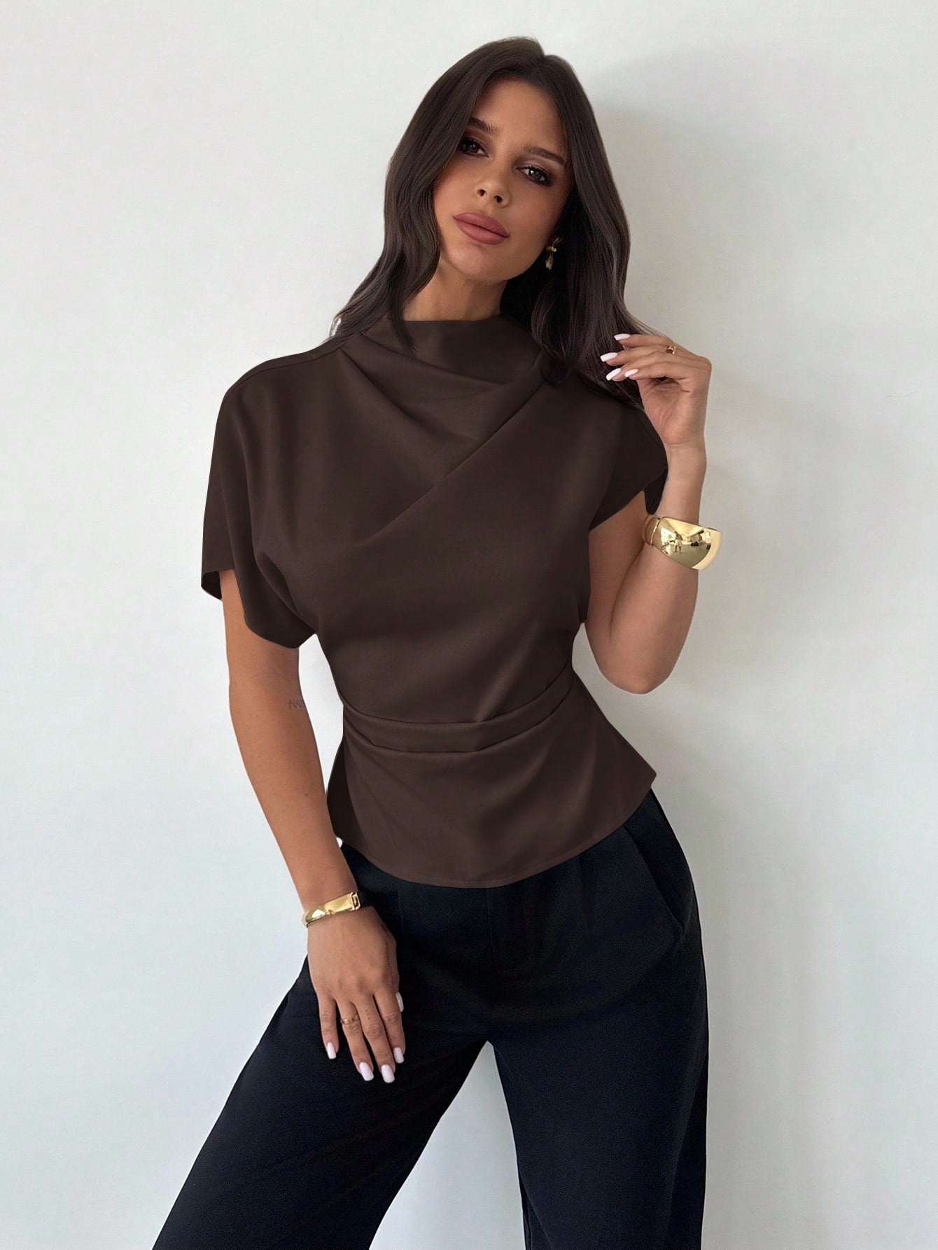 Firerie Crinkle Collar Asymmetrical Sleeve Side Ruched Cinched Waist Commuter Office Dark Brown Bamboo Linen Fabric Women Shirt, Summer Elegant