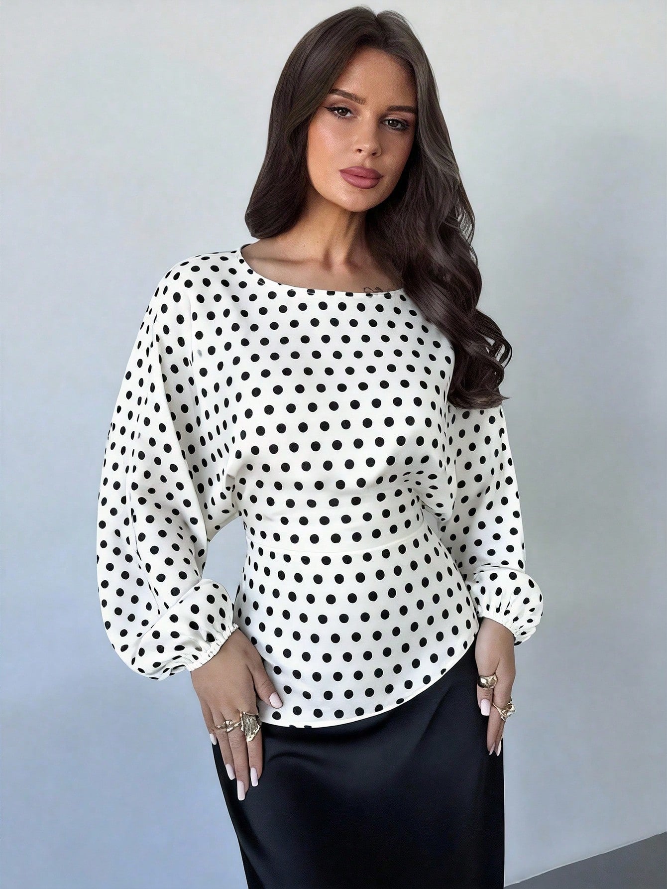 Firerie Women's Elegant White With Black Polka Dots Blouse Summer Office Brunch Wear Round Neck Batwing Long Sleeve Tie-Waist X-Shaped Regular Fit Top