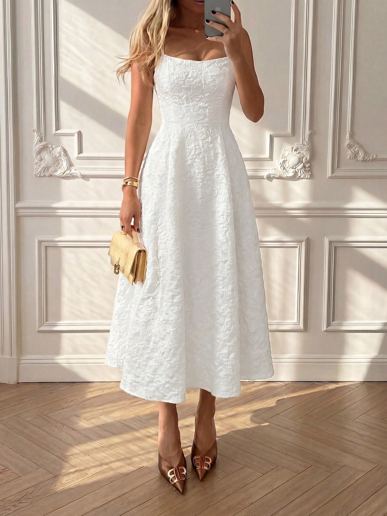 Floreya Summer Elegant Solid Color French High-End Elegant Light Dress Waist-Cinching Slim Fit Spaghetti Strap Midi Dress Apricot Dress Party White