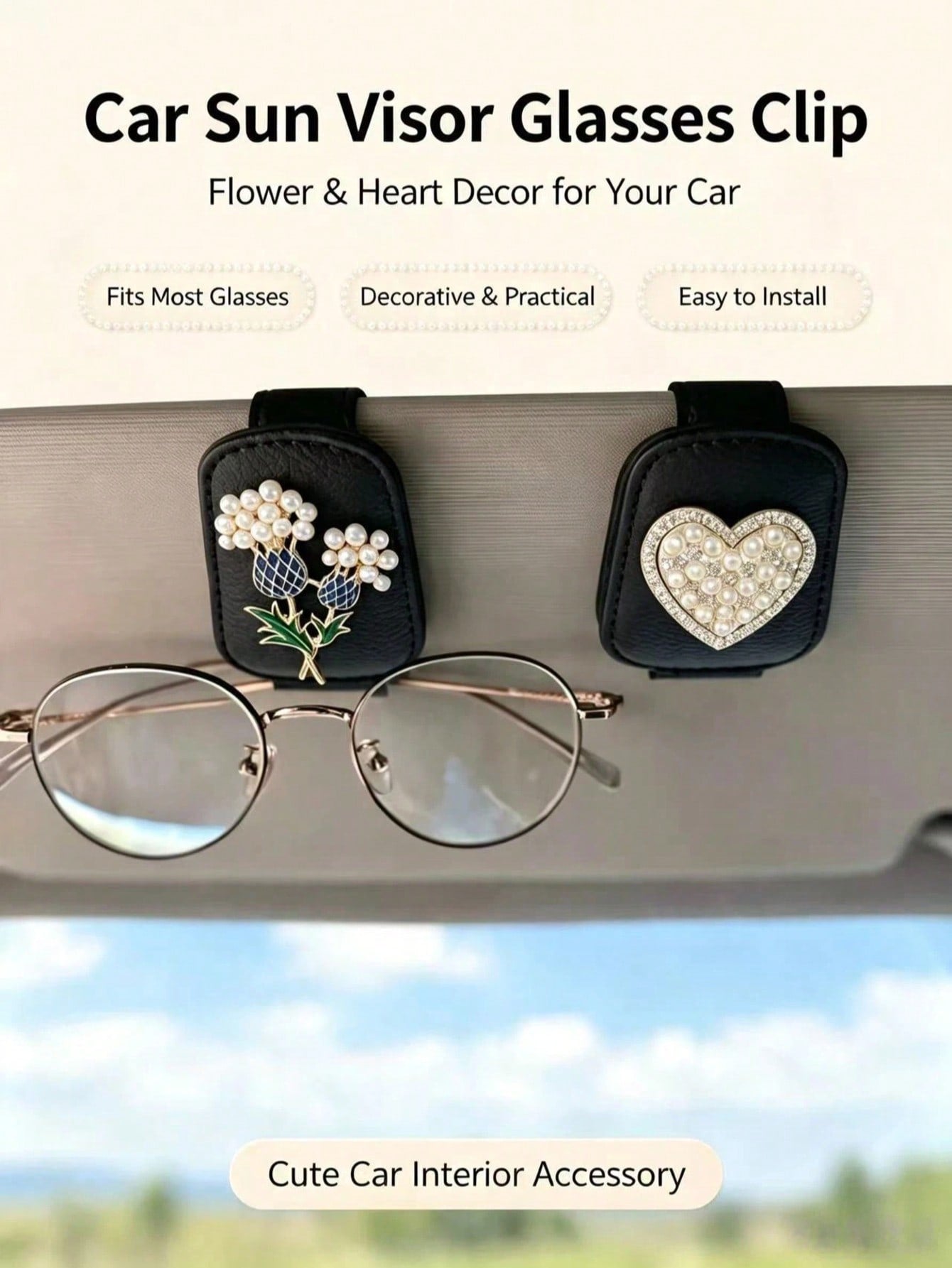 French Pearl Flower Heart Car Fashion Glasses Clip, Rhinestone Leather Sun Visor Universal Fashion Glasses Card Holder Clip, Women's Car Decor, Black Litchi Grain Leather Sun Visor Fashion Glasses Tic