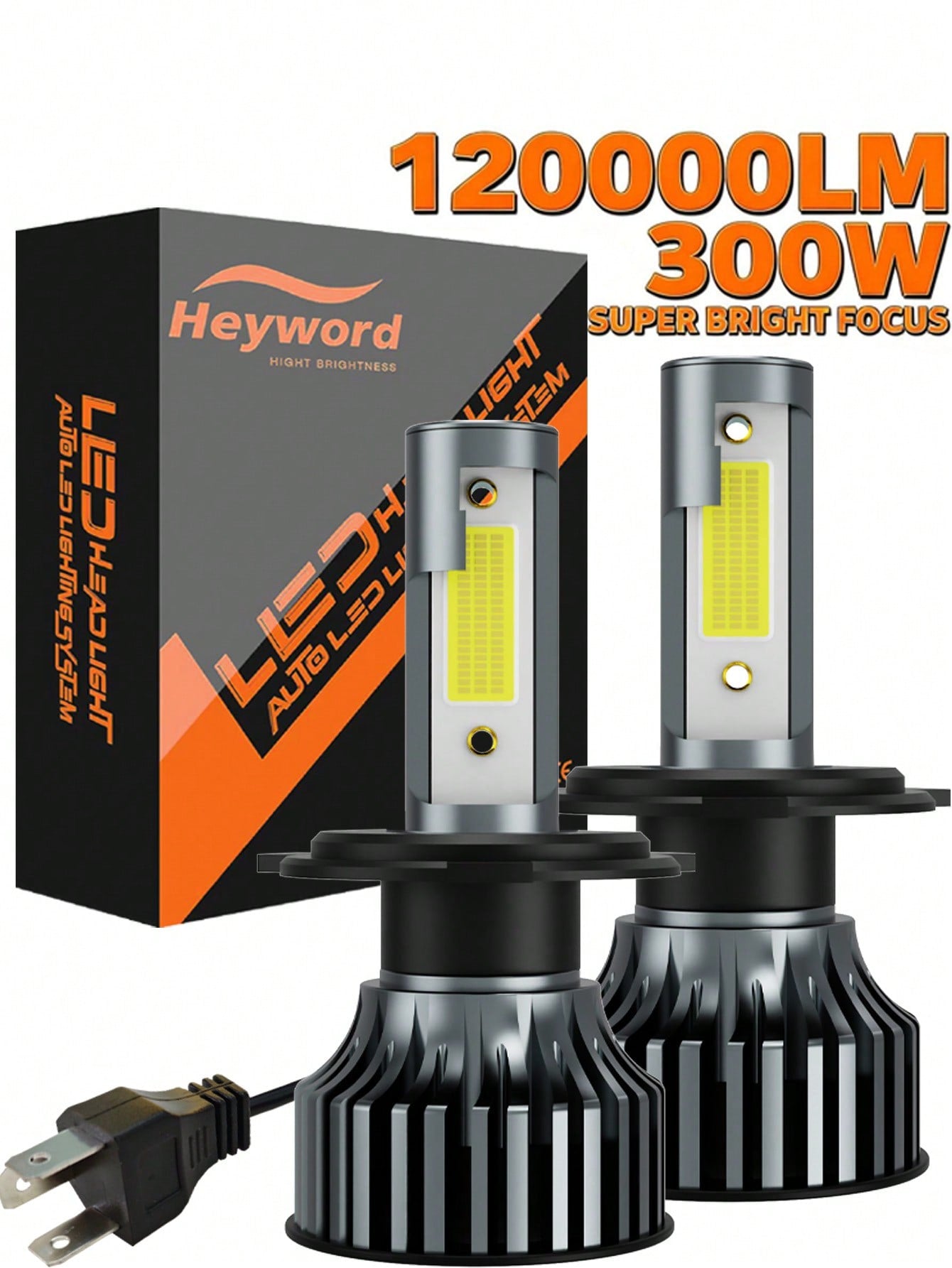Heyword 2pcs LED Headlights, Compatible With H1, H4, H7, H11, 9005/HB3, 9006/HB4 Models, 30,000 Lumens Brightness, 300W Power, Can Be Used As Fog Lights. High And Low Beam Are Both White Bulbs, 6000K