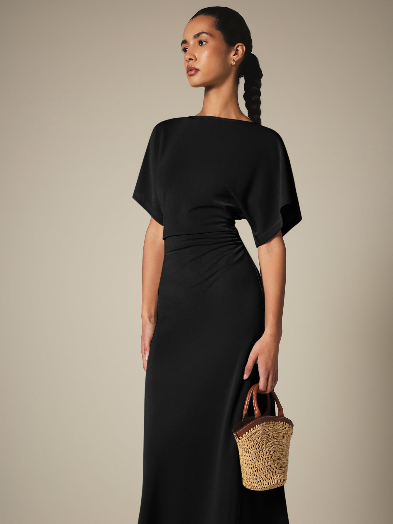 KSTM Bateau Neck Midi Dress With Dolman Sleeves And Ruched Waist Detail For Elegant Everyday Style