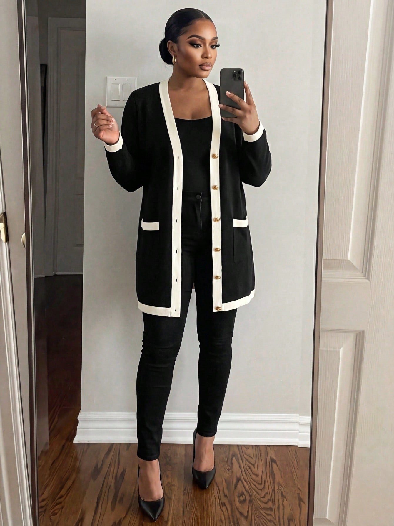 Lady CURVE Plus Size Women Elegant & Comfortable Metal Button Closure Long Warm Cardigan, Black & White, For Autumn, Ladies Windbreaker,Business Casual Woman