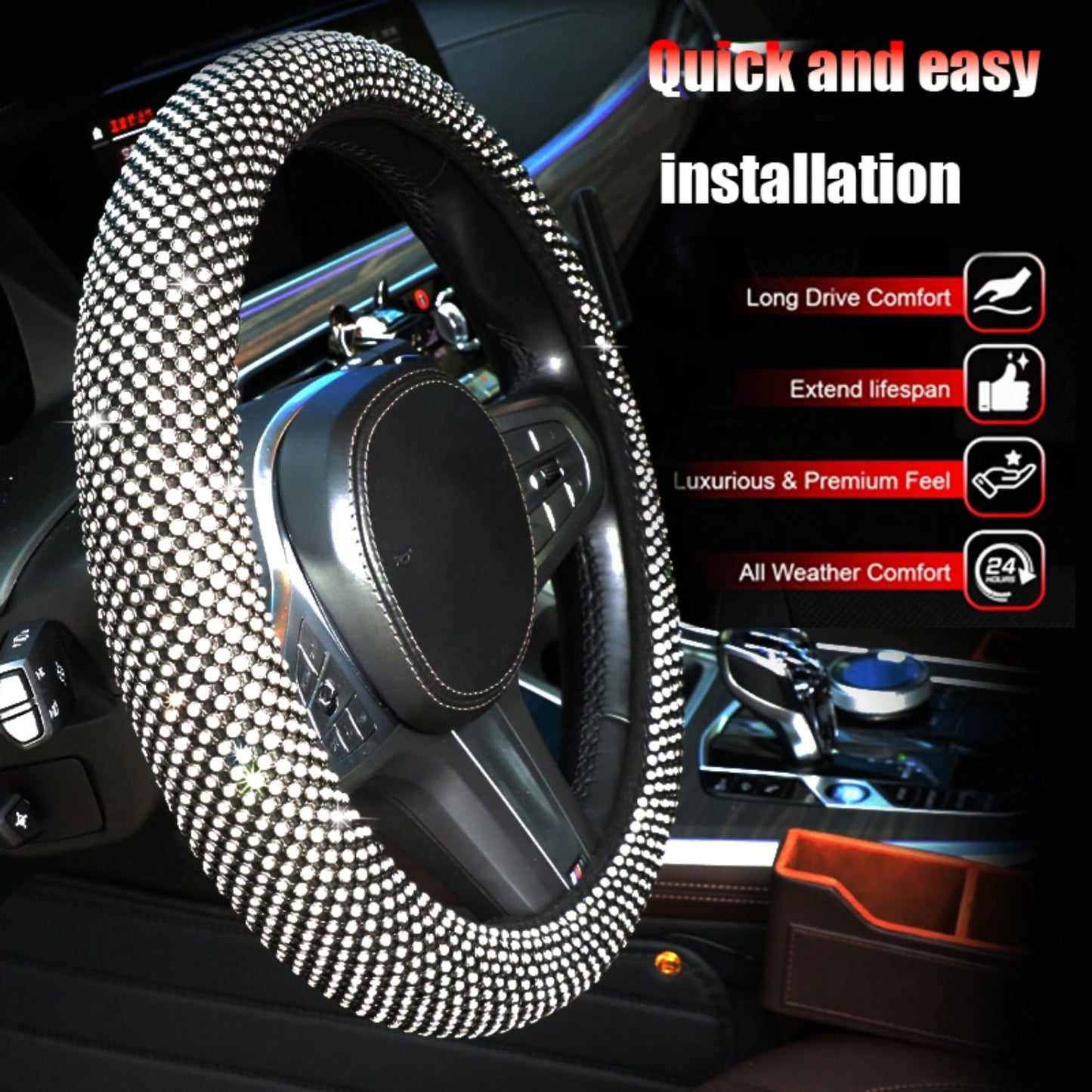 Latest Mesh Shiny Rhinestone Embellished Car Steering Wheel Cover, Anti-Slip Rubber Inner Ring, Snug Fit To Steering Wheel. Women's Car Interior Accessory