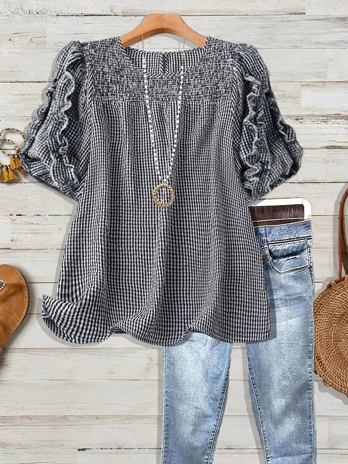 Linhara Plus Size Women's Woven Regular Summer Casual Comfortable Commute Home Round Neck Short Sleeve Ruffle Hem Black & White Contrast Shirt
