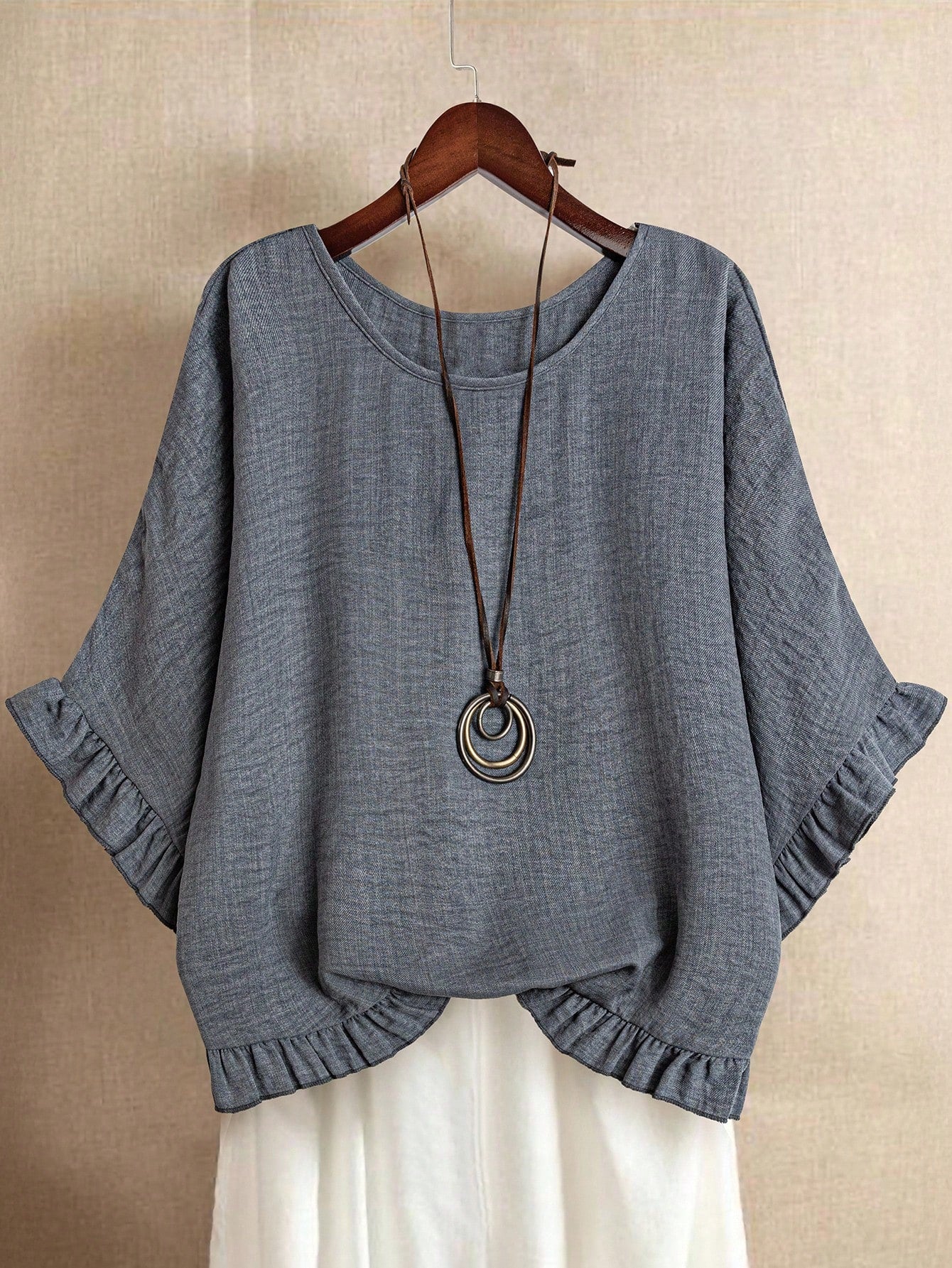LUNE Women Plus Size Solid Color Round Neck Batwing Sleeve Loose Frill Trim Blouse