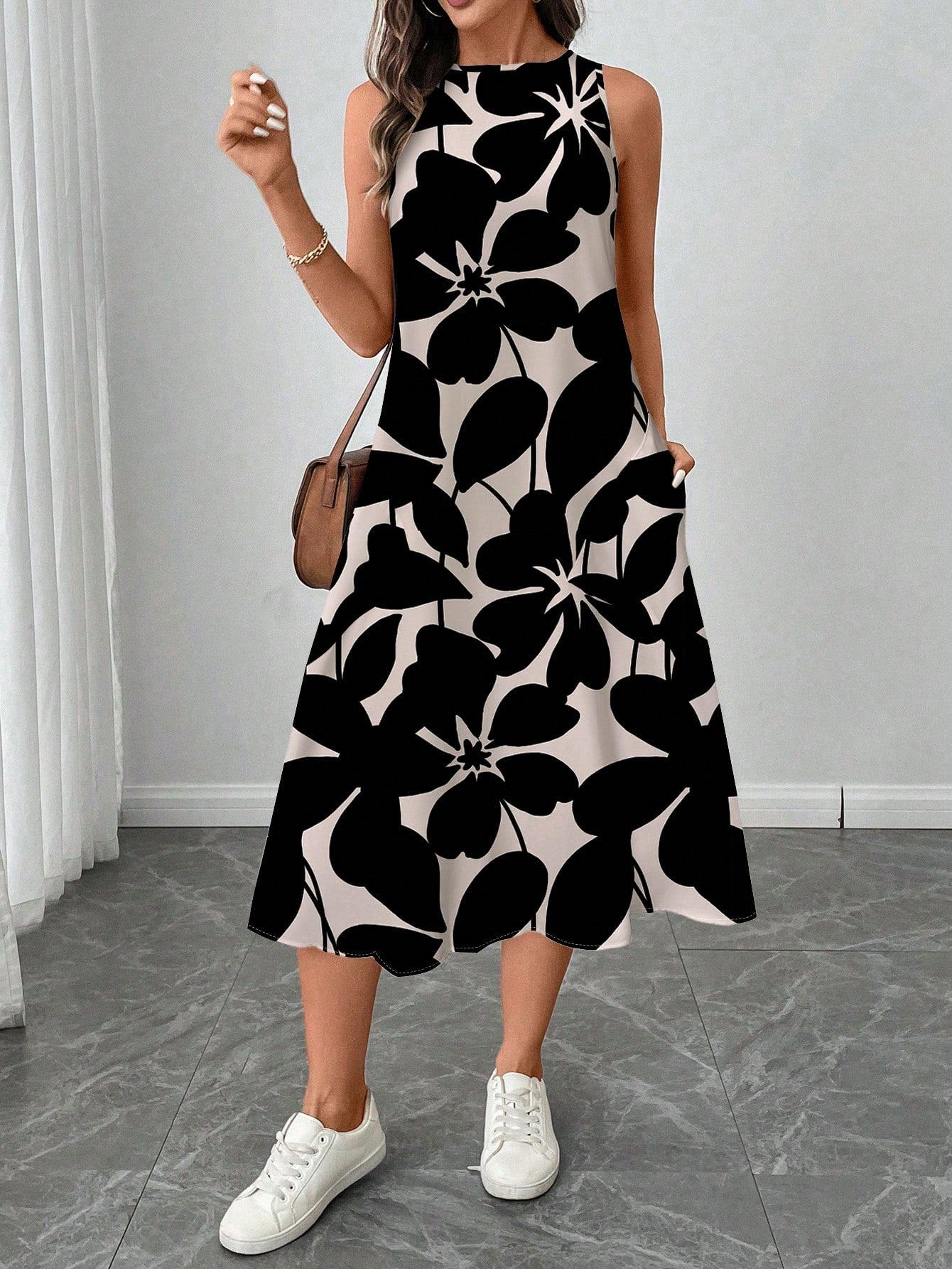 LUNE Women's Casual Beige Floral Print Mid-Length Dress, Suitable For Spring/Summer Holiday,Sun Dresses Women,Shirt Chic Vacation