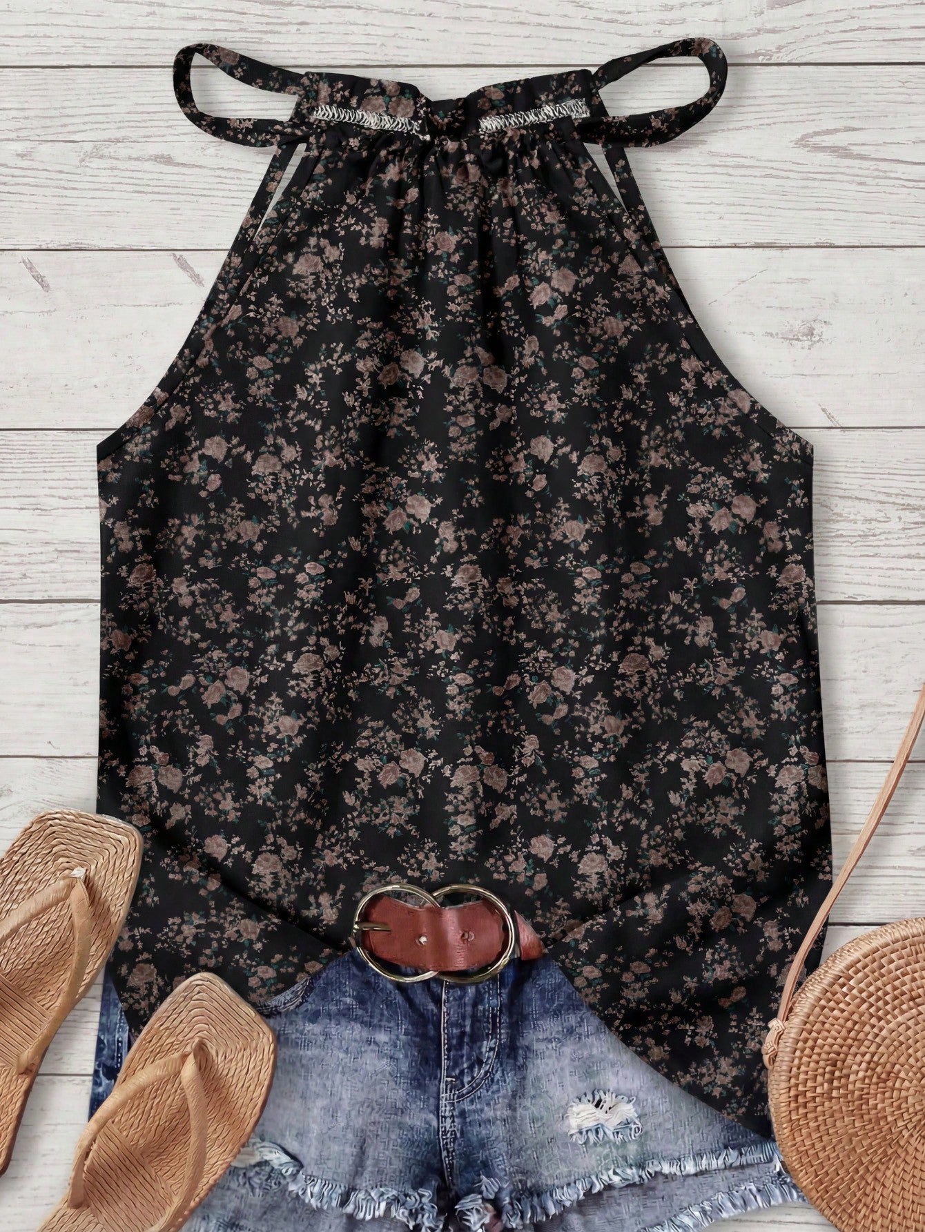 LUNE Women's Ditsy Floral Halter Neck Camisole, Suitable For Spring/Summer Vacation Black Floral Boho