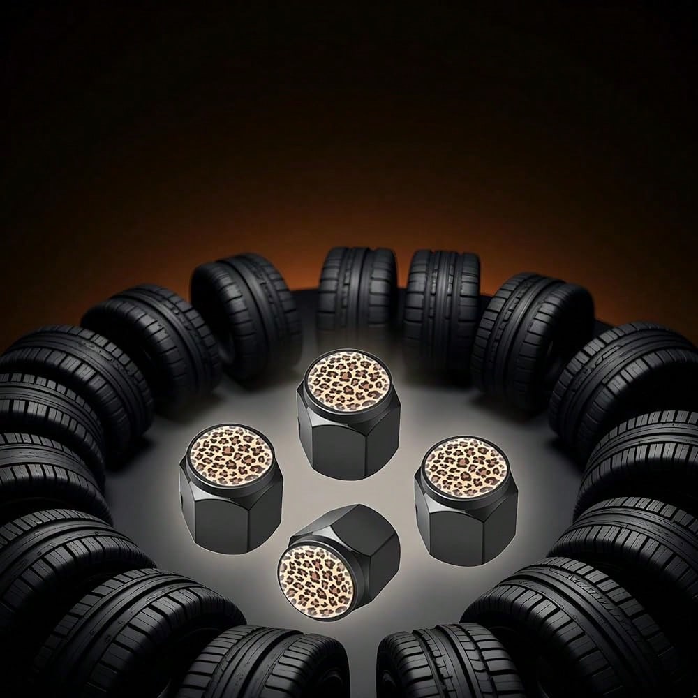 NEW- Tire Valve Stem Caps Cover,4 Pcs Metal Black Air Valve Cap, Aluminum Car Wheel Stem Caps,Universal Stem Covers For Cars,Trucks,Bikes,Motorcycles,Corrosion Resistant (Black Leopard Texture)
