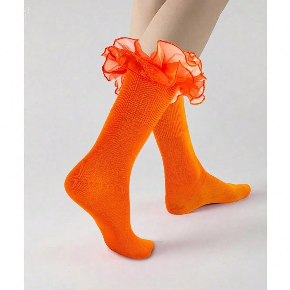 NEW- Women Big Ruffle Ankle Socks,Adult Double Lace Turn Cuff Cotton Frilly Dress Socks Cute Bobby Sock