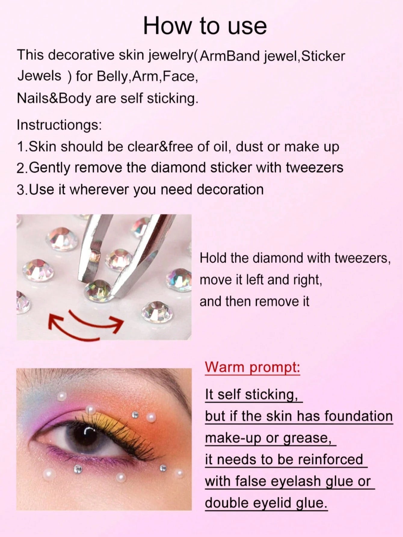 Pink Butterfly Flower 3D Glitter Rhinestone Face Jewels, Y2K Self-Adhesive Rhinestones, DIY Concert Disco Party Shiny Face Decoration