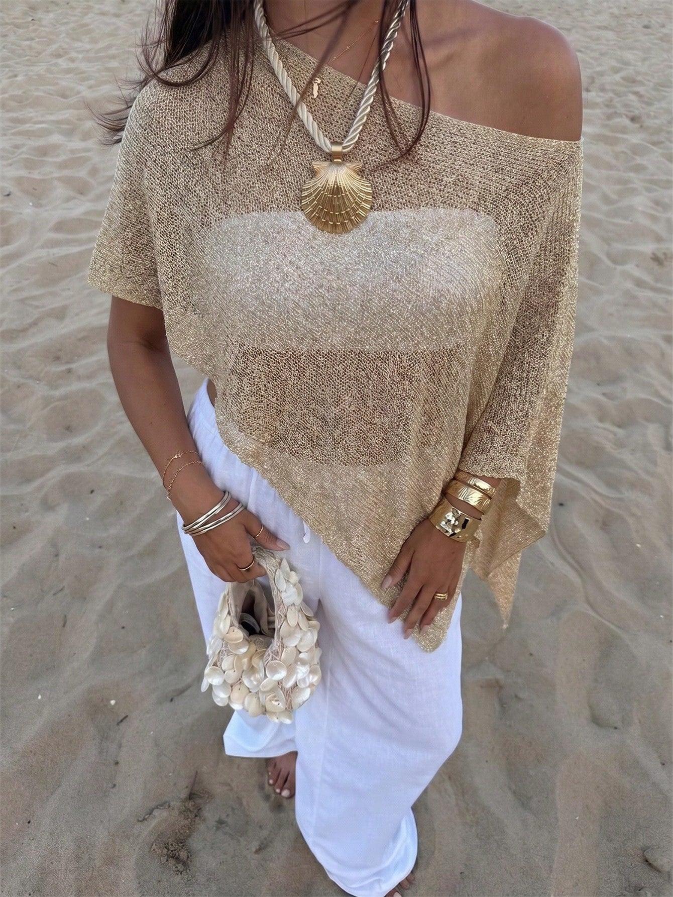 Plus Size Women's Casual Sexy Shiny Lightweight Textured Solid Color Hollow Knit Short Shawl Batwing Sleeve Top, Summer Beach Cover-Up Vacation