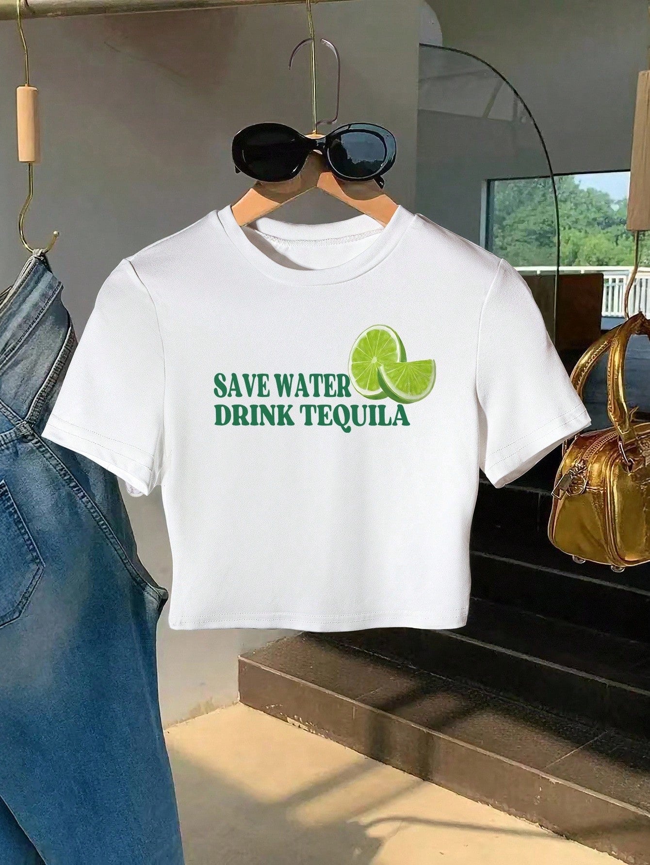 Resyla White Summer Casual Graphic Streetwear Vacation Holiday Lively Lemon & Letter Printed T-Shirt Women,Regular Fit SAVE WATER DRINK TEQUILA Tees Tops