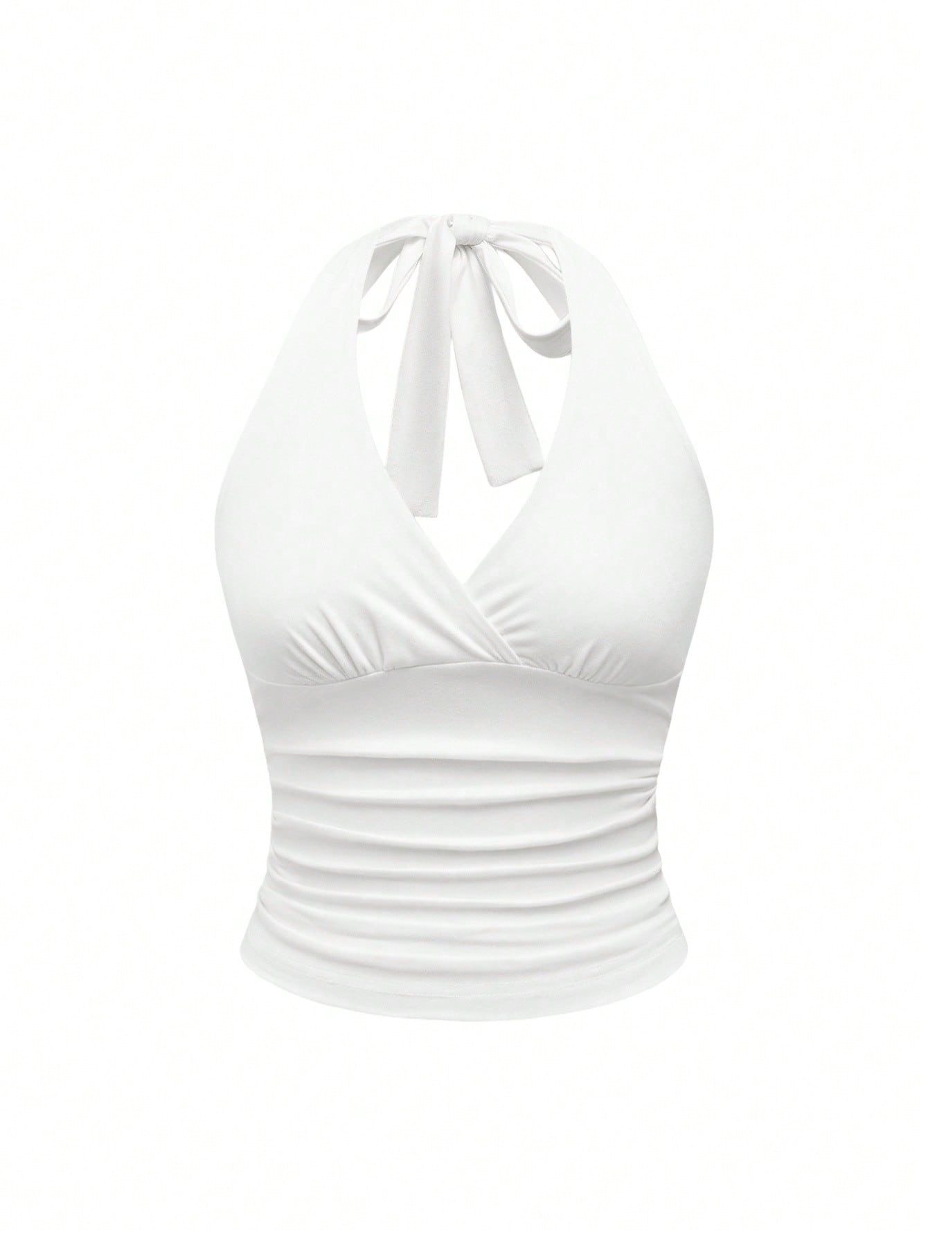 ROMWE Grunge Punk Women Solid Color Halter Neck Tie Back Casual Top, Everyday Wear
