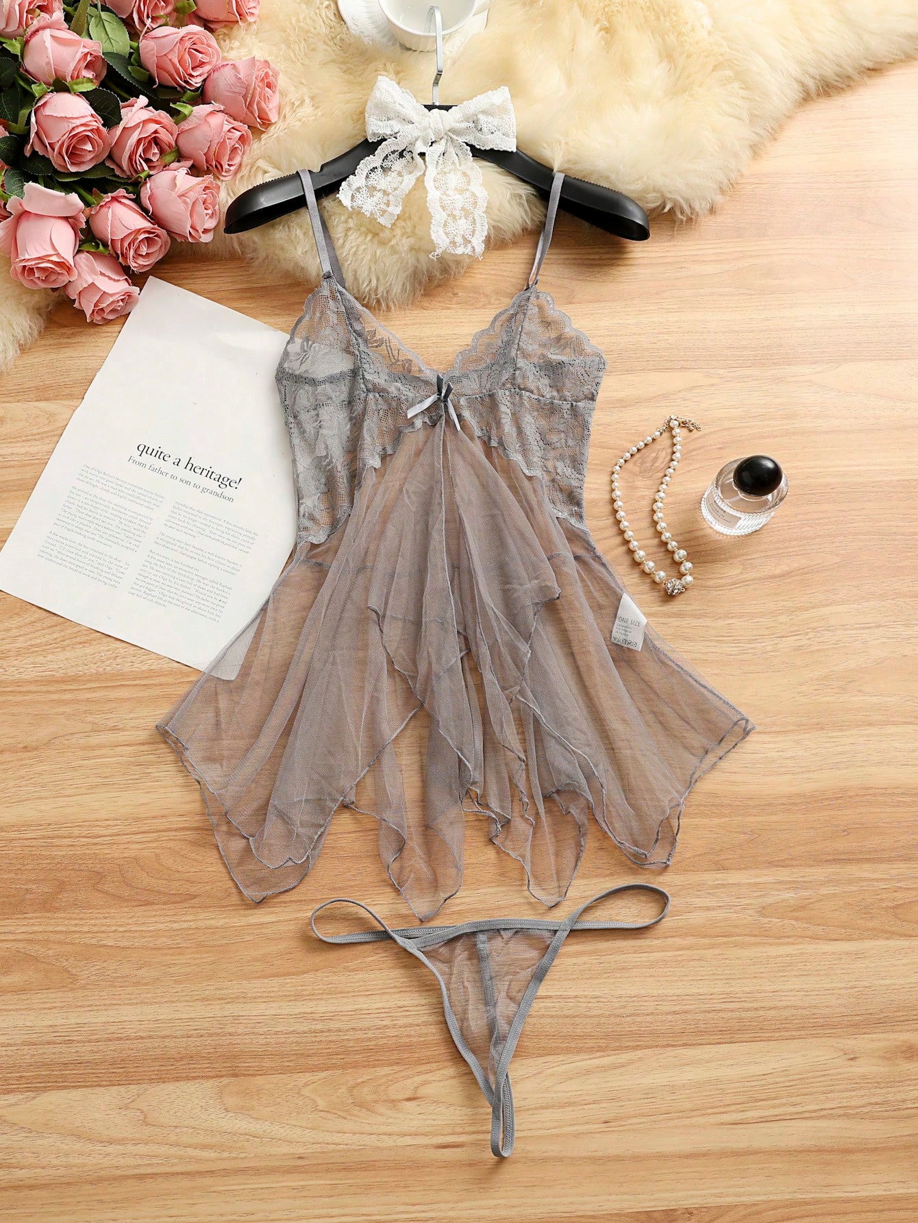 ROMWE Kawaii 2pcs Sexy Sheer Mesh Camisole Nightgown Lingerie Set For Women