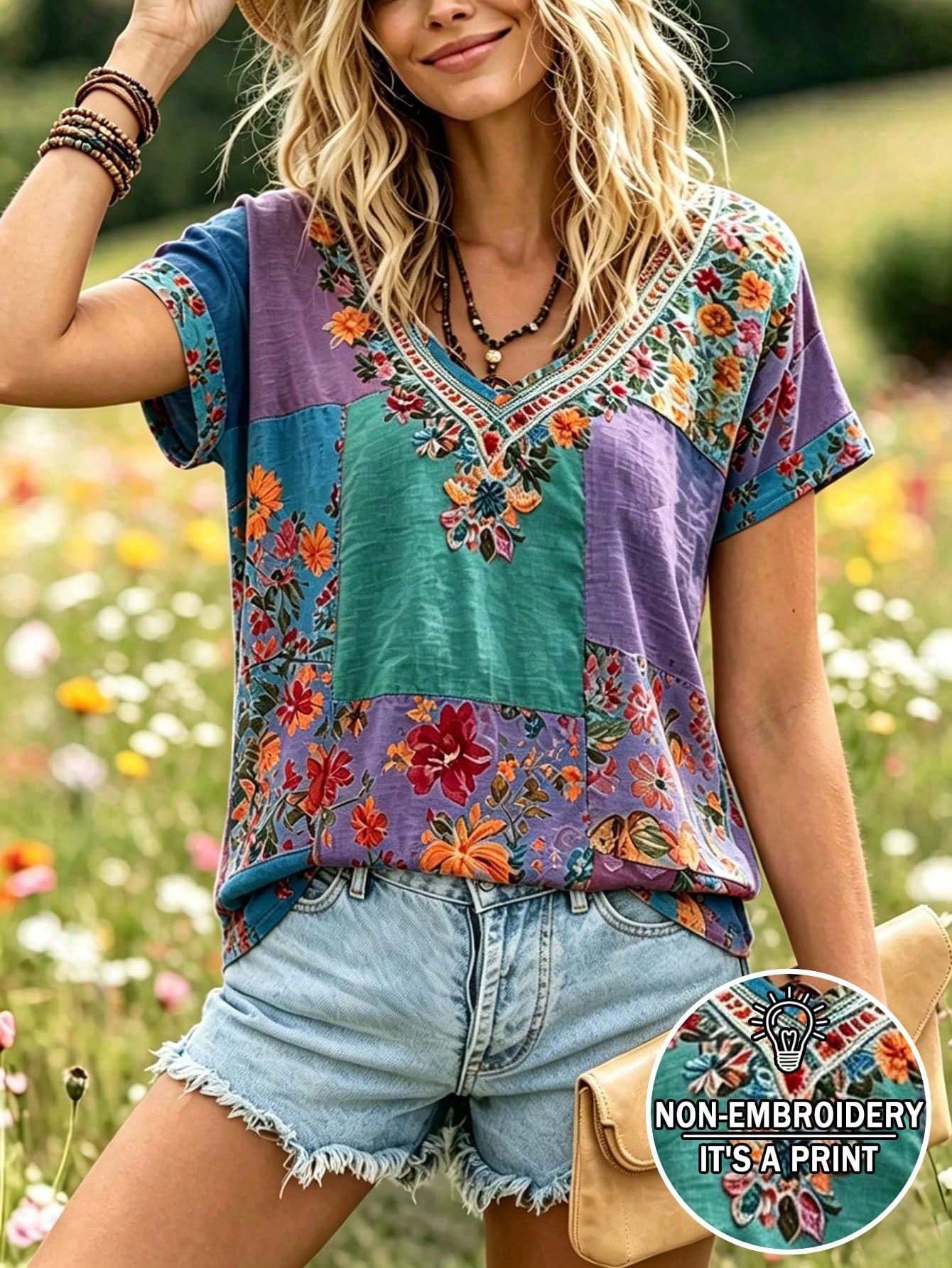 Selamara Plus Size Bohemian Style Pink & Brown Floral Faux Embroidery V-Neck T-Shirt, Summer Vacation Casual Short Sleeve Tee