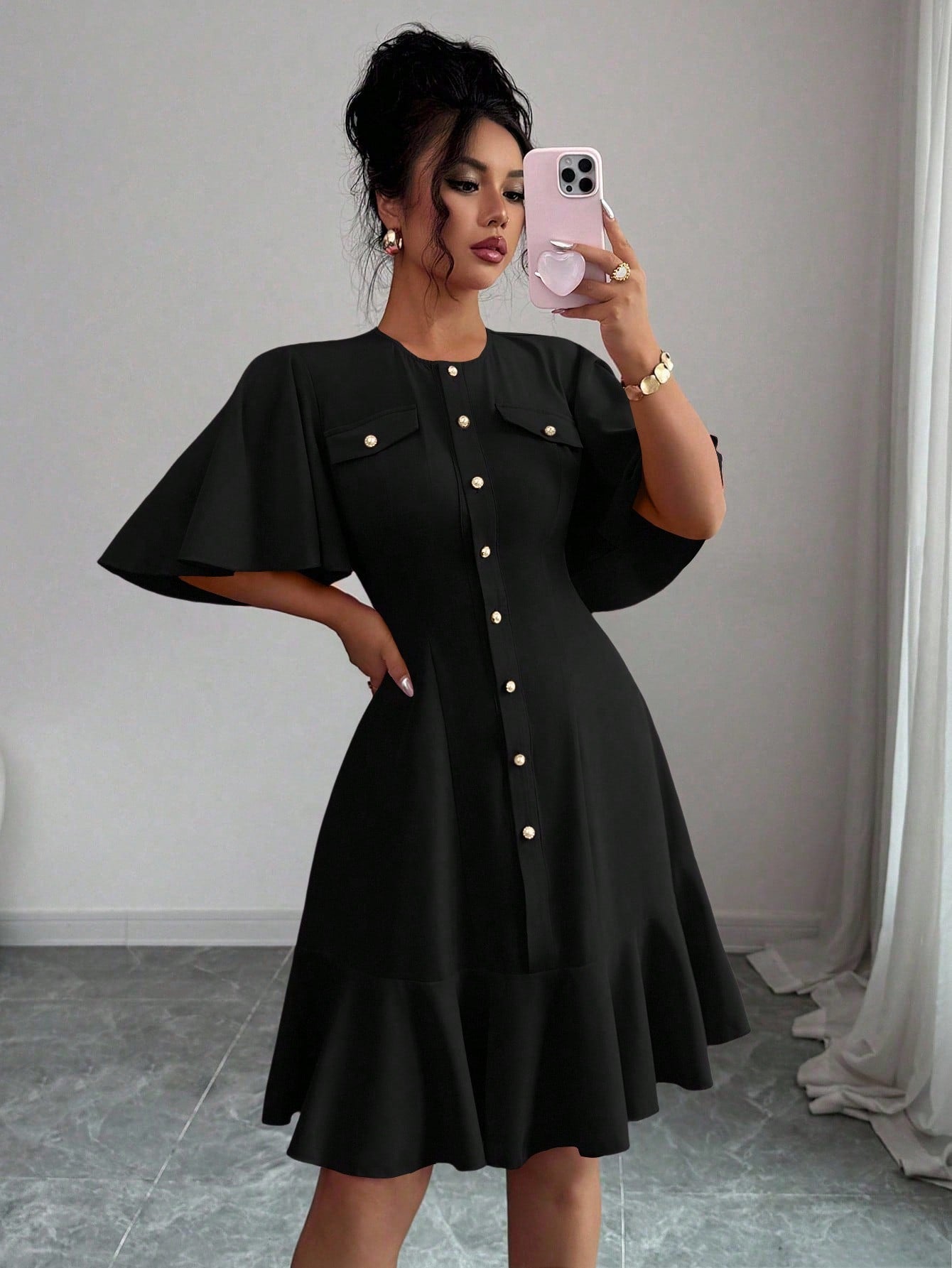 Selianne Elegant Short Dress With Single Button, Ruffle Sleeve & Hem Splice Design