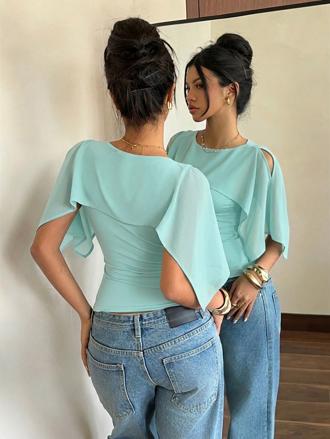 Siren Gaze Women's Solid Color Pleated Fitted Versatile Everyday Shawl Top Turquoise,Teal Blue,Light Blue