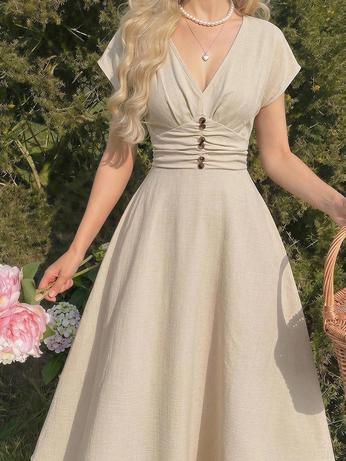 Skyraze Women's V-Neck Cap Sleeve BeigeDress, Elegant Cottage,Summer,Vacation,Wedding Party Picnic,Going Out,Birthday,Prom,Country,Tea Party,Sea,Beach, Casual
