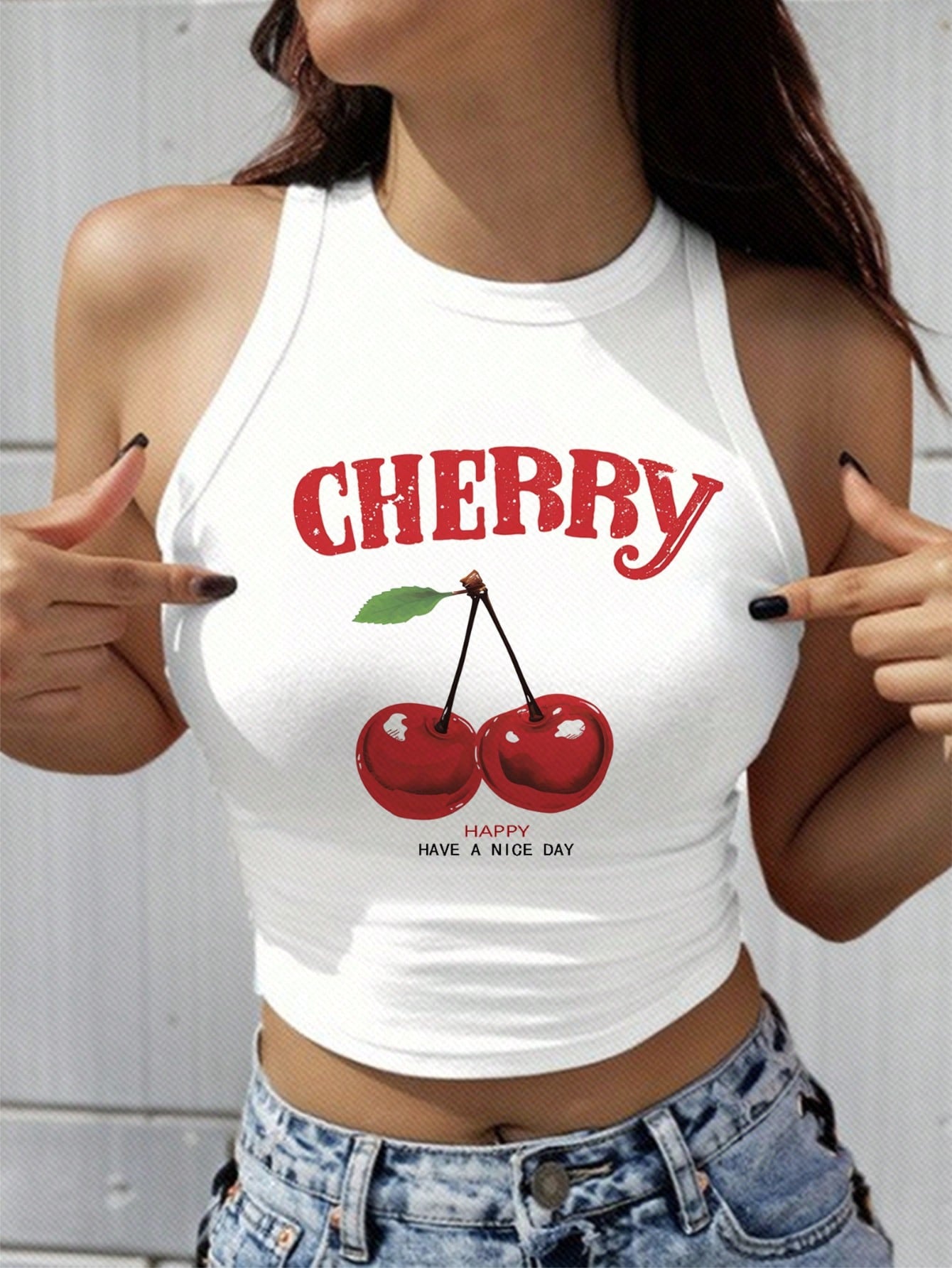 Slaydiva Plus Size Women Casual Cherry Letter Print Tank Top, Suitable For Summer