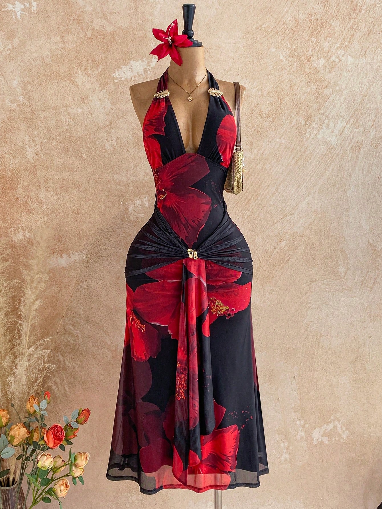 Soleia Black And Red,Summer,Casual,Holiday,Vacation,Holiday Women's Floral Print Mesh Backless Maxi Dress,Elegant Boho Tropical Wedding Guest Party Attire