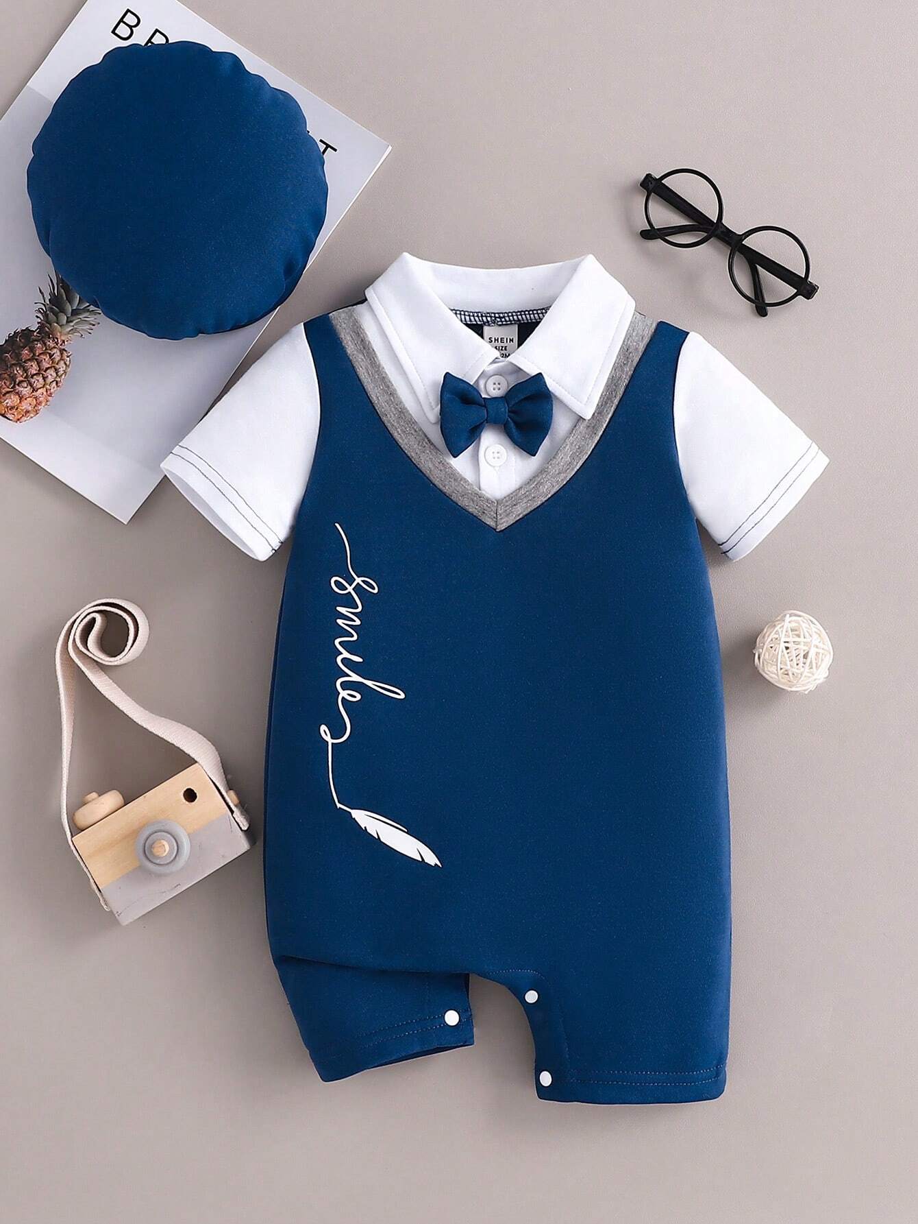 Souflis Souflis Baby Boy 2 In 1 Splice Vest Jumpsuit With Hat, Gentleman Outfits