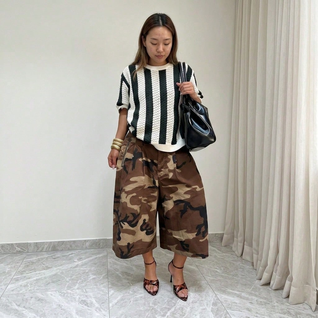 Summer Dresses For WomenStylish Streetwear Women Camouflage Cargo Wide Leg Culottes, Loose Pleated High Waist Relaxed Fit Casual Cropdresses For Women