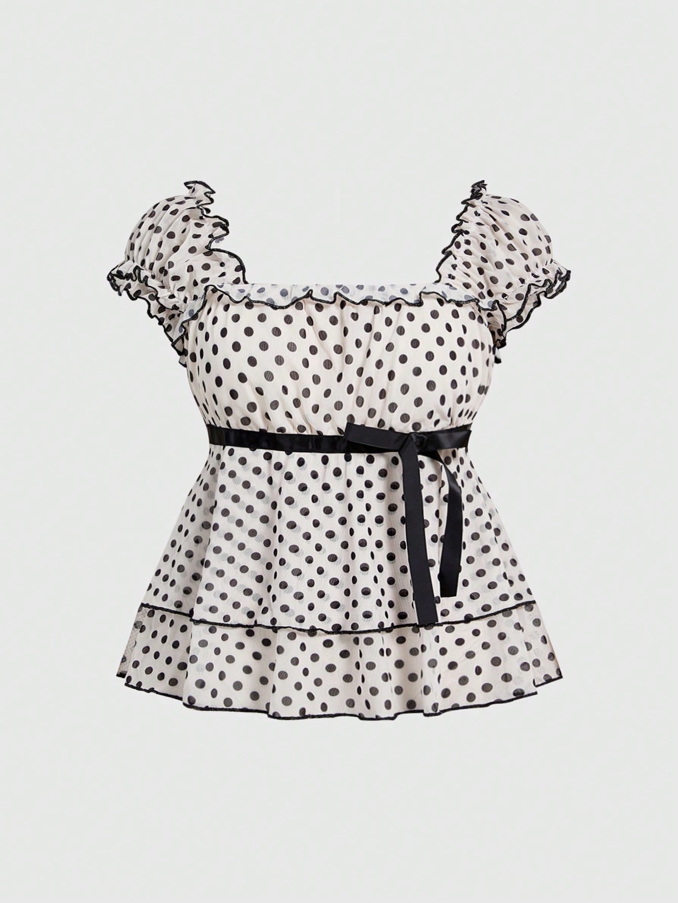 Sweetness Plus Size Women's Vintage French Romantic Vacation Style Polka Dot Colorblock Print Doll Dress T-Shirt With Ribbon Decoration