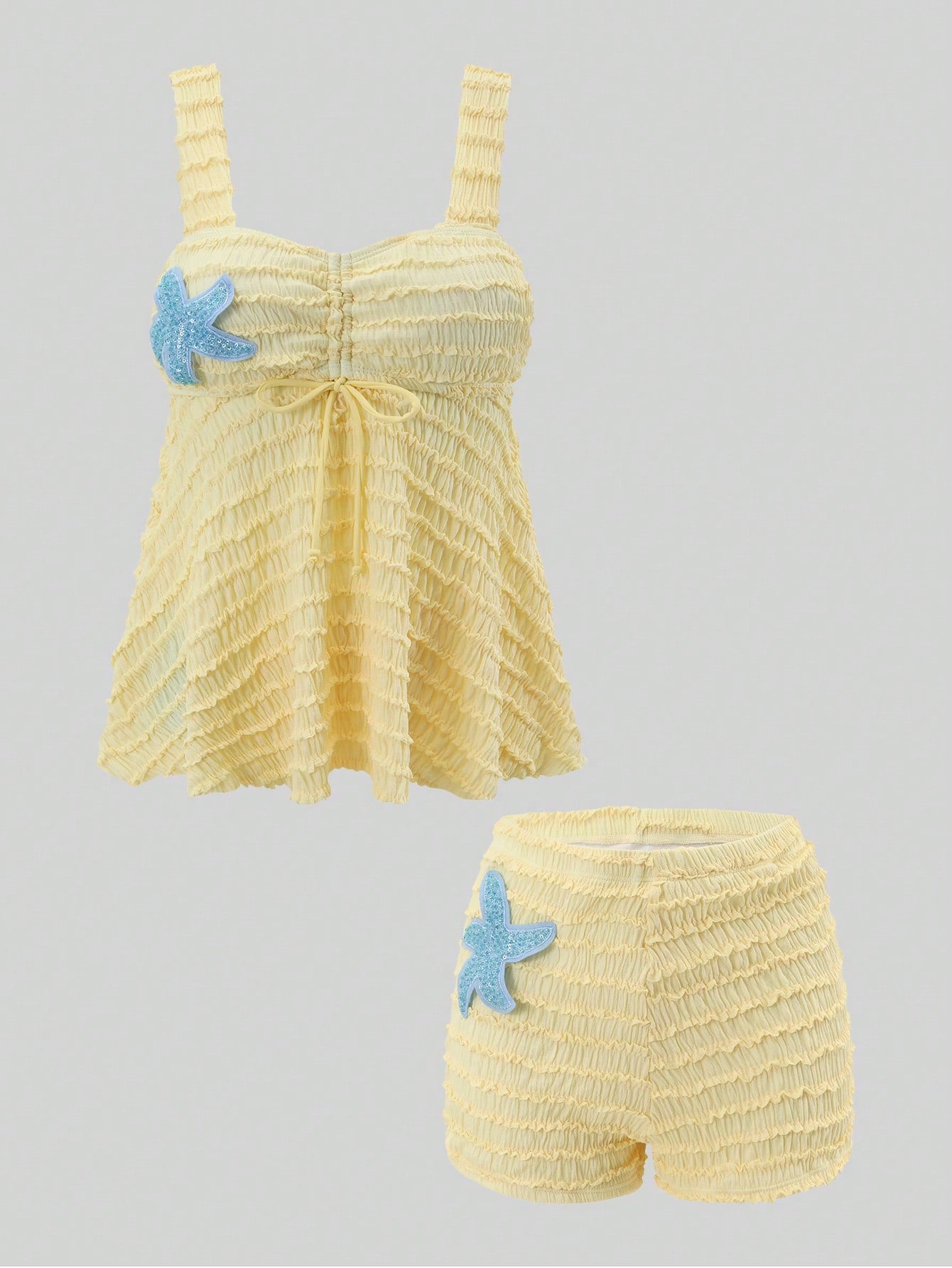 Sweetra 2026 Spring/Summer Latest Fashion Casual Vacation Sweet Minimalist Light Yellow With Blue Star Decor Wide Strap Bikini Bottom Plus Size Women's Tank Top Camisole Swimsuit Set