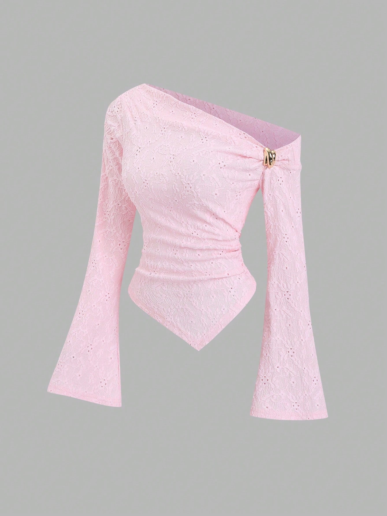 Sweetra Sexy Asymmetric Shoulder Textured Fabric Asymmetrical Hem Casual Top