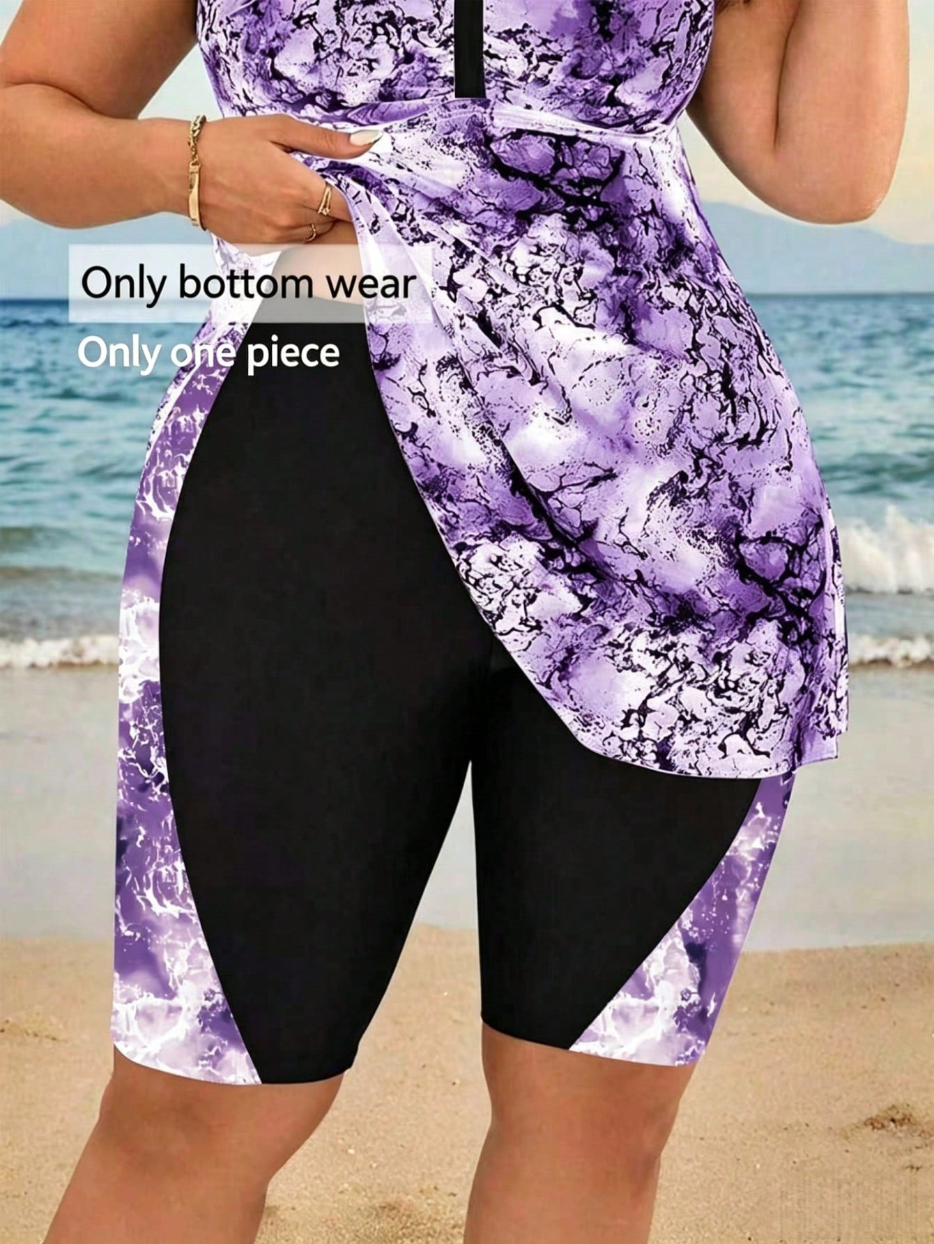 Swim Lushoire Plus Size Women Digital Print Splice Mid-Thigh Swim Shorts, Beach Party Vacation Swimwear For Summer