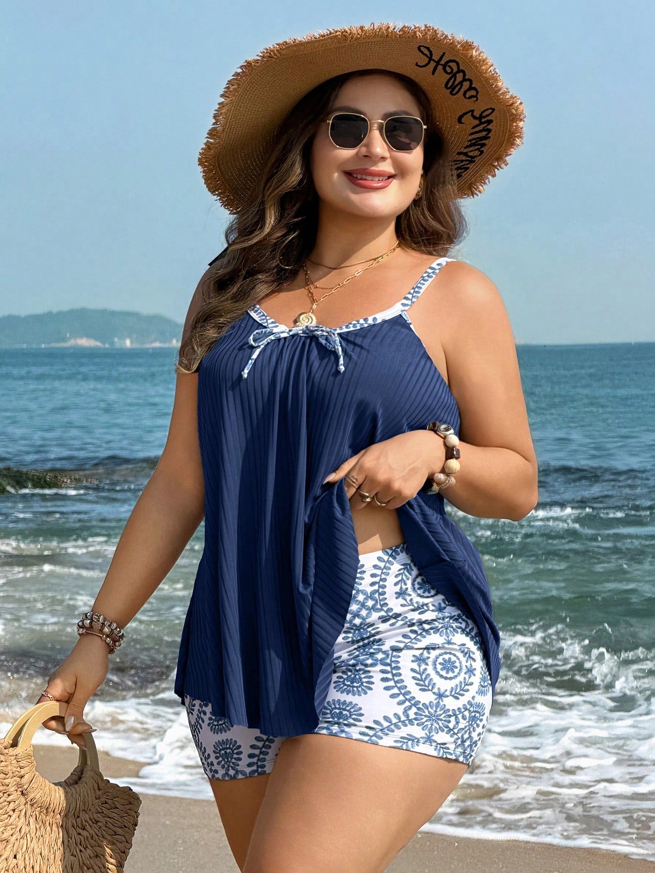 Swim Lushoire Plus Size Women's Navy Blue Floral Print Wide Rib Fabric Tankini Swimwear,Elegant Summer Beach Holiday Holiday Color Block Separate Bathing Suits