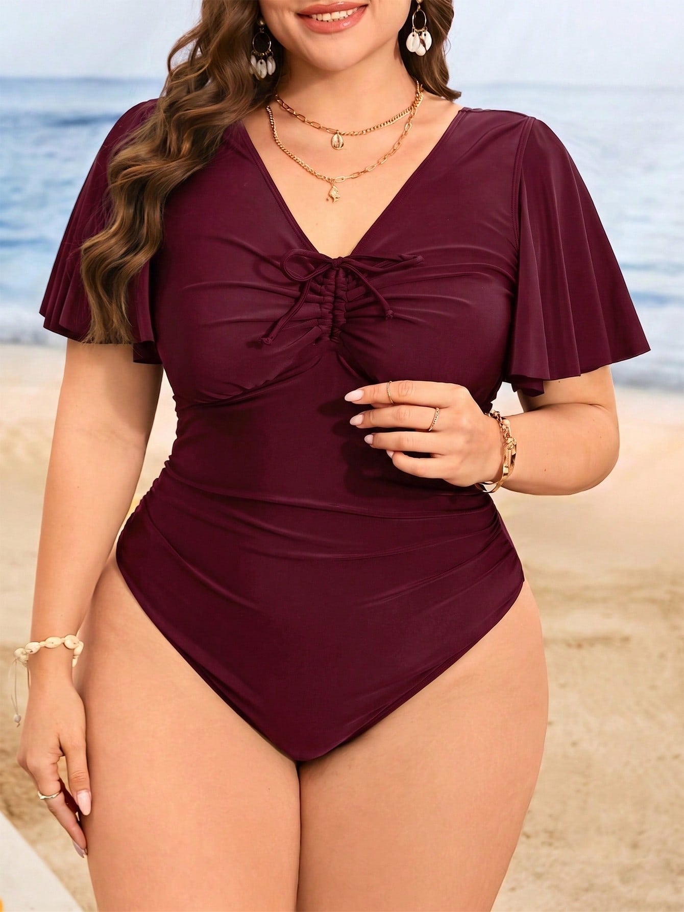 Swim Lushoire Plus Size Women's Summer Solid Color Ruffle Sleeve Bust Drawstring Tummy Control Ruched One-Piece Swimsuit
