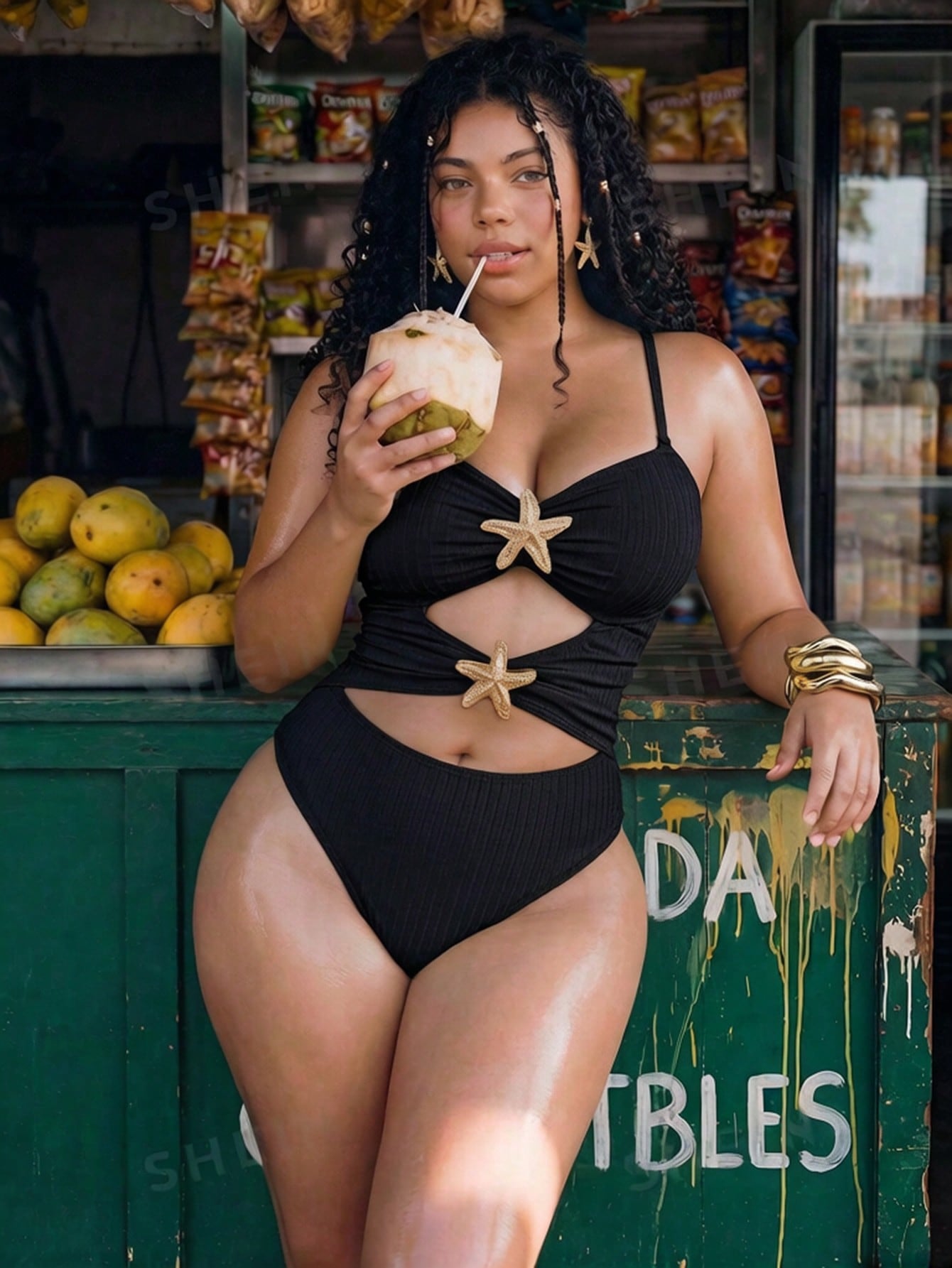 Swim Mod Plus Size Women's Sweet Cute Minimalist Beach Vacation Solid Yellow Textured Fabric V-Neck Adjustable Shoulder Strap Hollow Design Star Trim One-Piece Swimsuit
