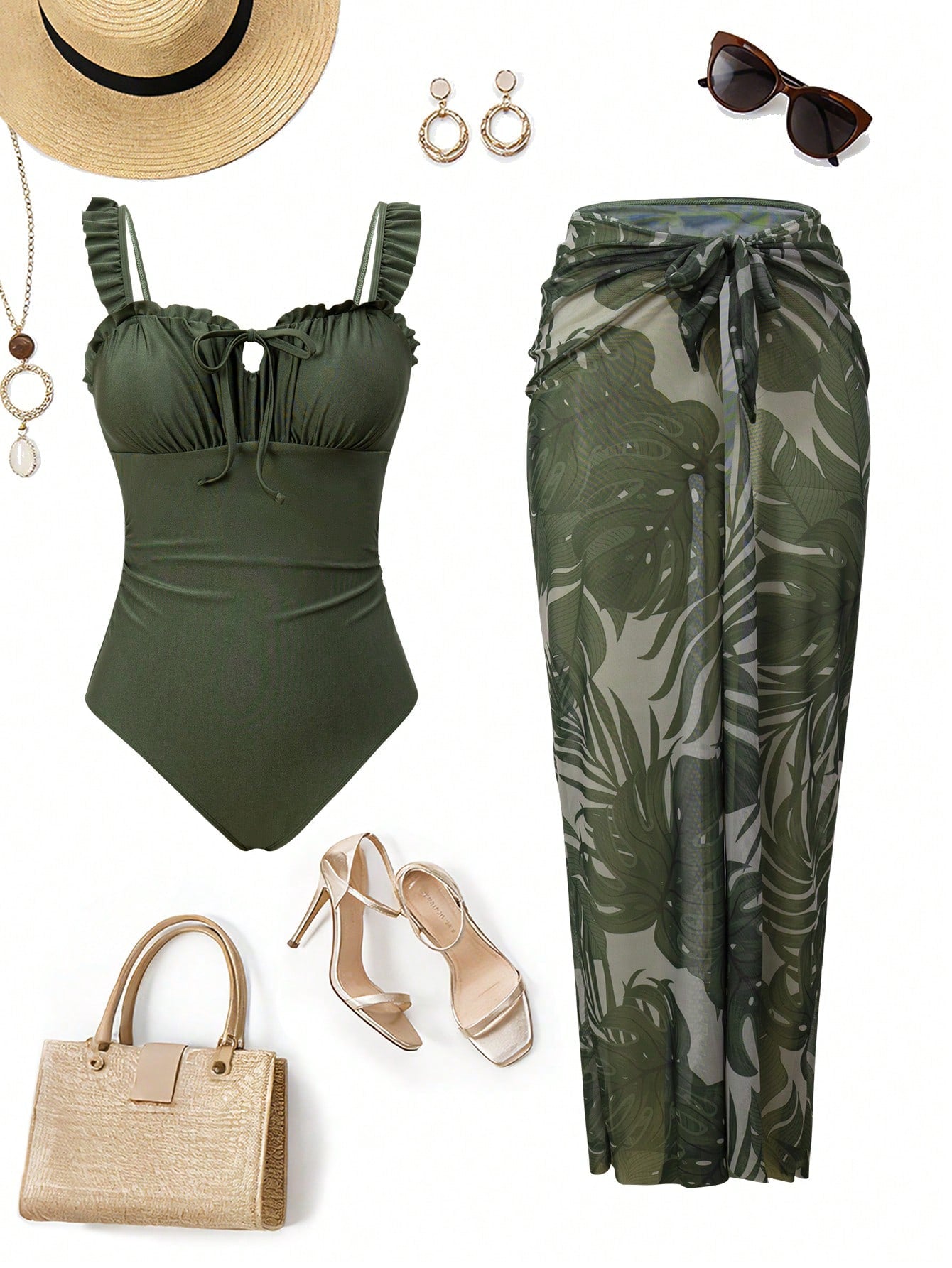 Swim Oasis Women Army Green Summer Tropical Beach Holiday Vacation Holiday Outfit,Ruched Bodice Halter Neck Tie Floral Trim+Botanical Print Mesh Skirt 2pcs Set