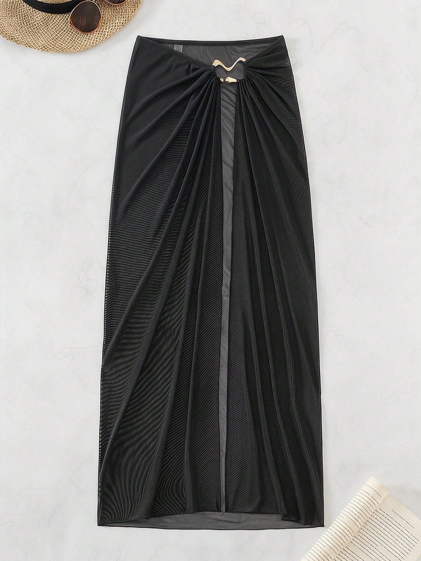 Swim SXY Plus Size Women's Sheer Tropical Semi-Transparent Vacation Beach Skirt Black Summer