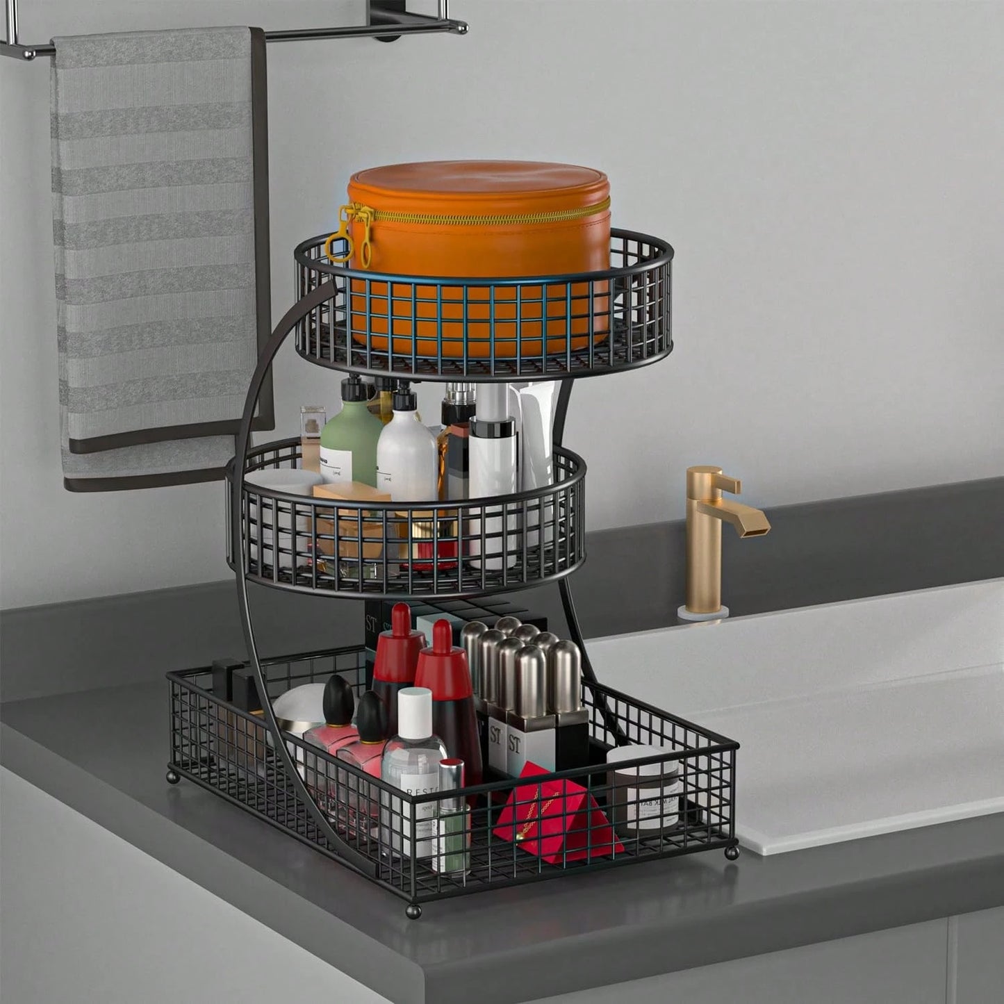TAIMASI 3-Tier Varnished Metal Cosmetic Organizer With Round Baskets – Desk Oraganizer, Lightweight, Anti-Rust Vanity Storage For Makeup, Lipstick, Perfume & Skincare – Dorm Room Essentials College