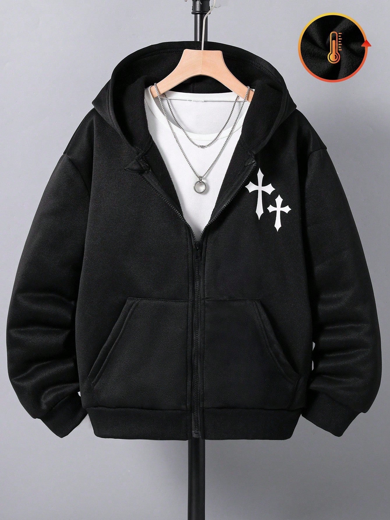 Teen Boy All-Match Graphic Print Versatile Hooded Zip-Up Sweatshirt Fall Winter