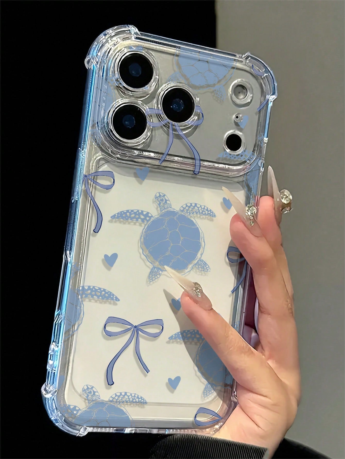 Transparent Airbag Shockproof Blue Tone Turtle Bow Heart Print Phone Case, Summer Fresh Versatile, Compatible With Apple 17/17 Pro/17 Pro Max/16/16 Pro/16 Plus/16 Pro Max/15/15 Pro/15 Plus/14/14 Pro/1