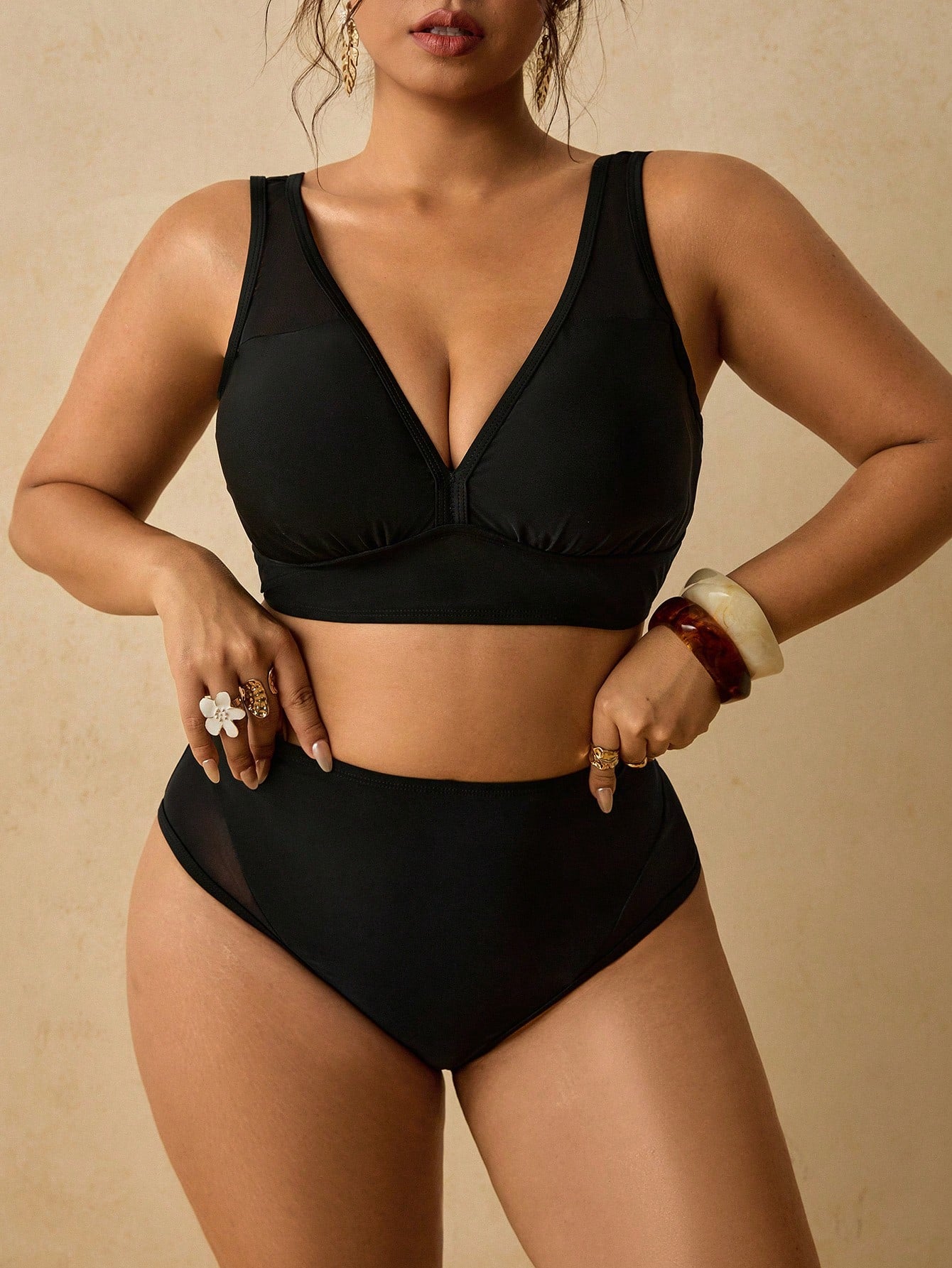 Travachic Plus Size Women's Black V-Neck High Waist Slimming Beach Bikini Set Bathing Suits For Women Summer Sexy
