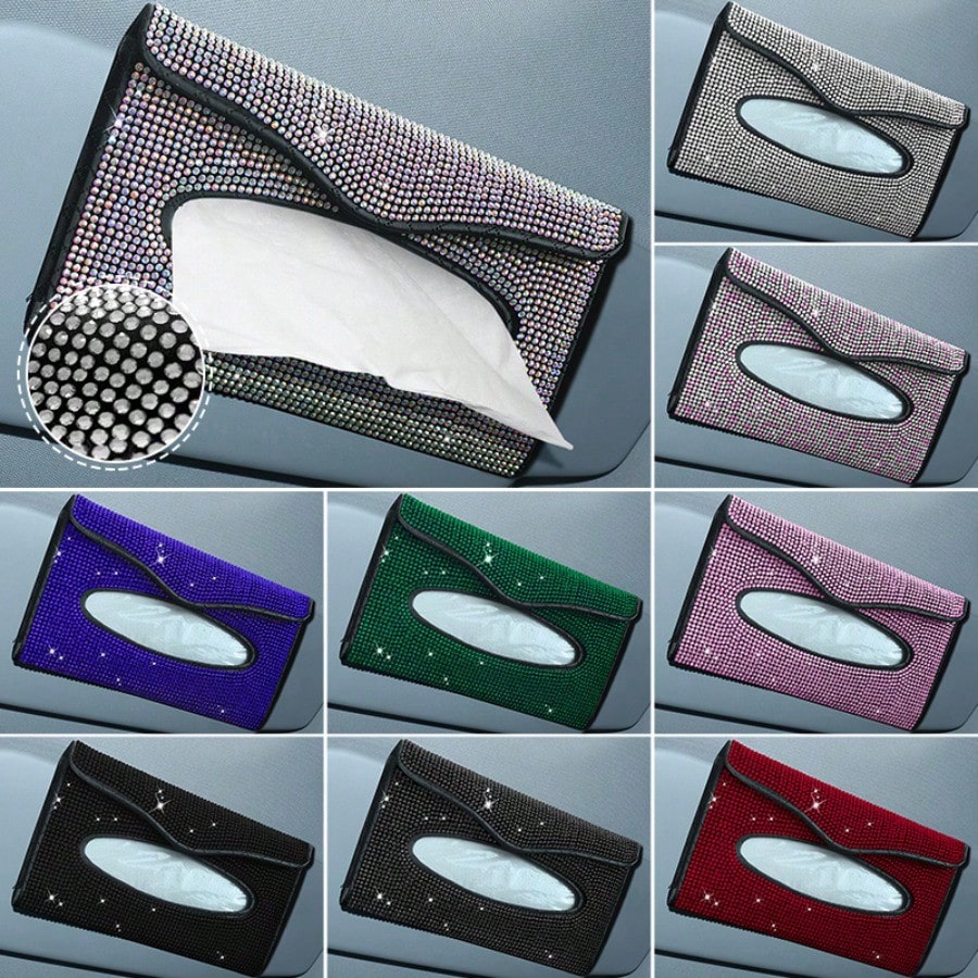 Upgraded Rhinestone Sun Visor Tissue Box, Creative Fashion Napkin Clip & Car Interior Accessories For Women